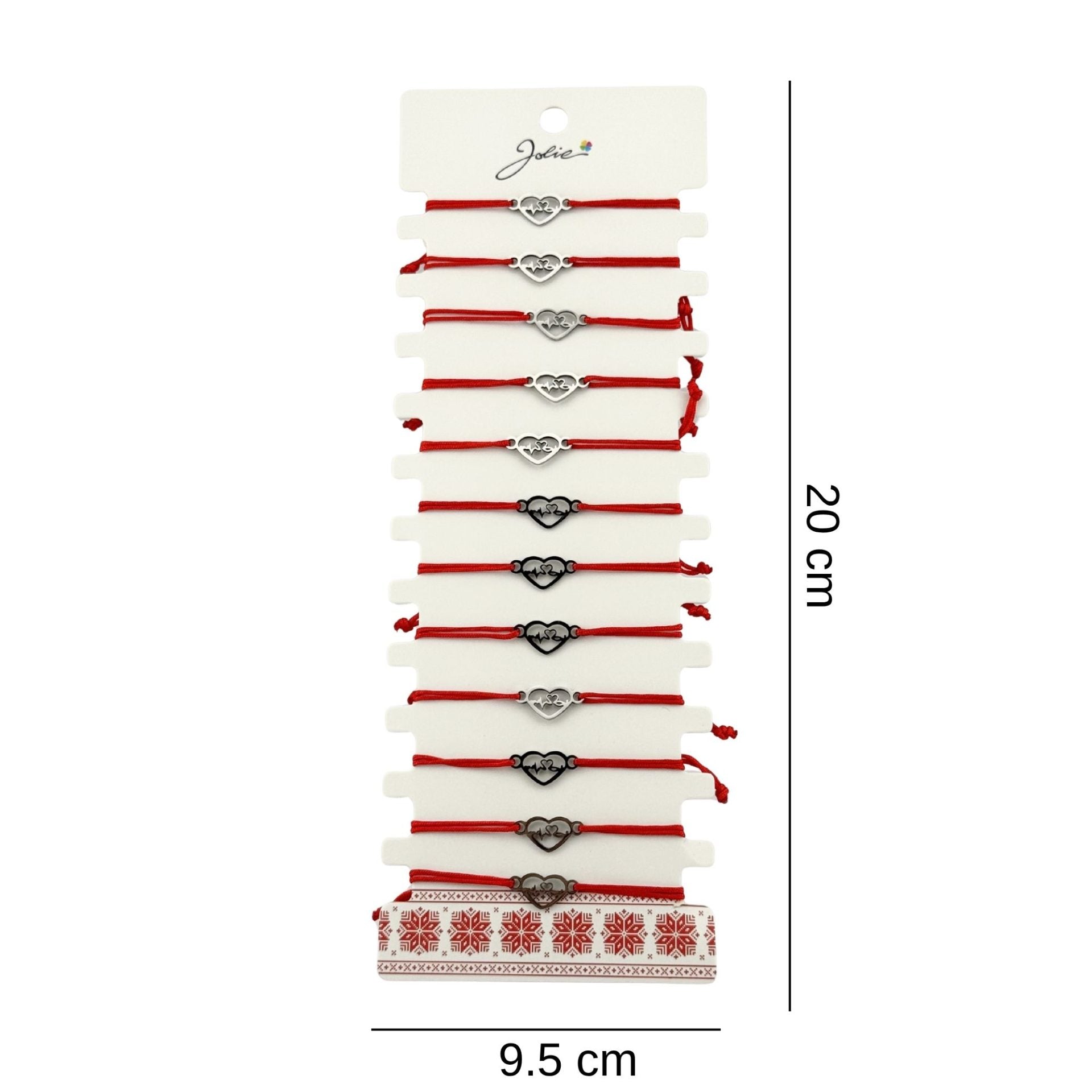 Bratara Martisor pentru Dama, Model Inima, Set 12 bucati, Pandativ Argintiu din Inox cu Snur Rosu Ajustabil