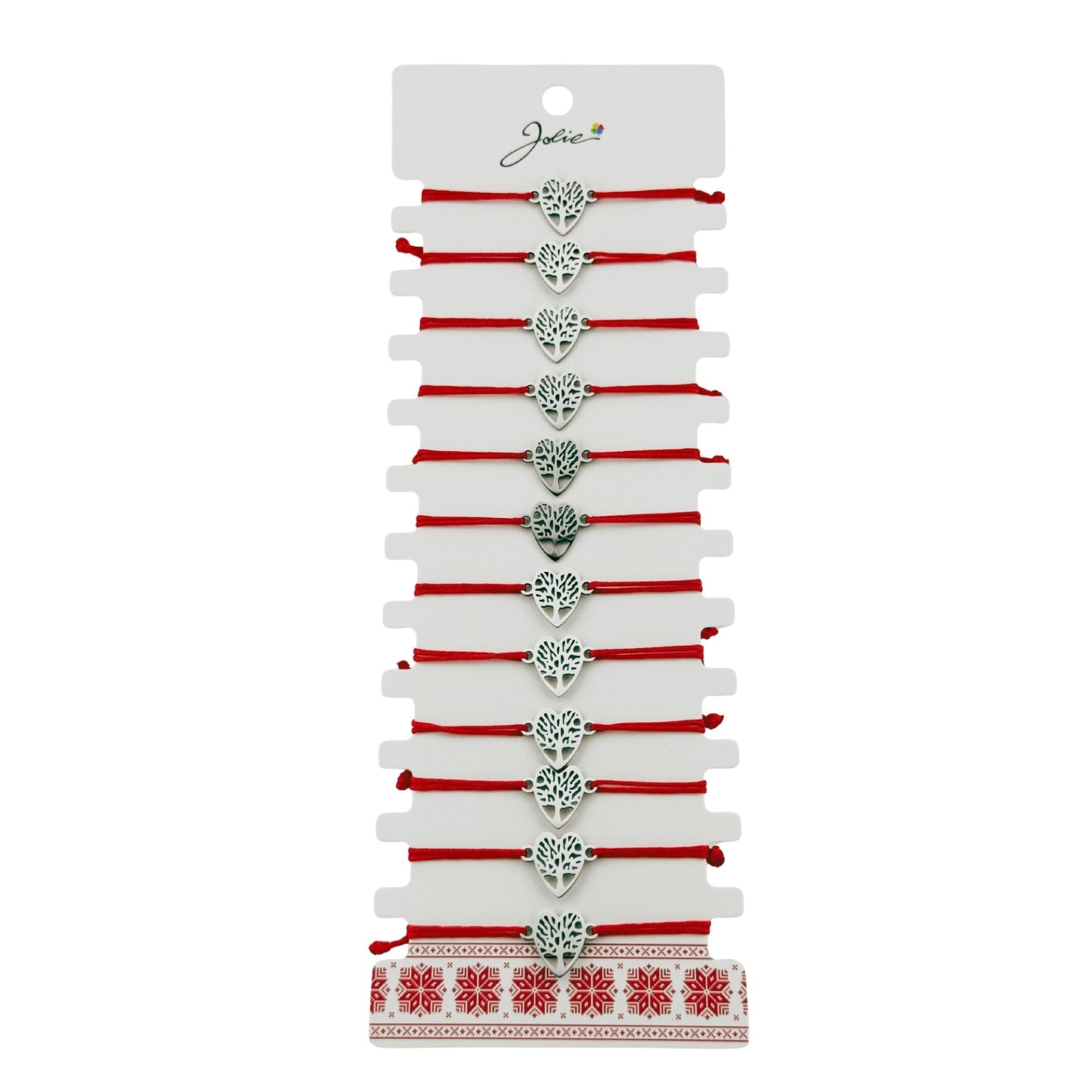Bratara Martisor pentru Dama, Model Copac in Inima, Set 12 bucati, Pandativ Argintiu din Inox cu Snur Rosu Ajustabil