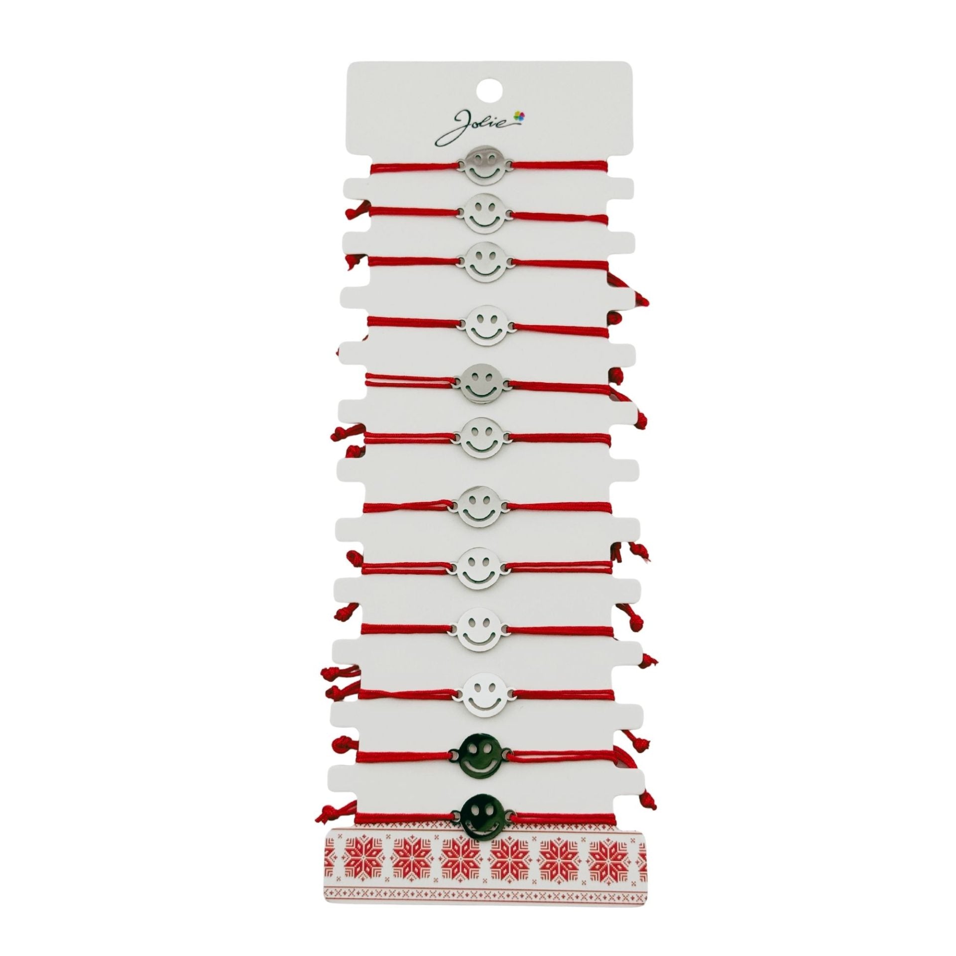 Bratara Martisor pentru Dama, Model Smile, Set 12 bucati, Pandativ Argintiu din Inox cu Snur Rosu Ajustabil