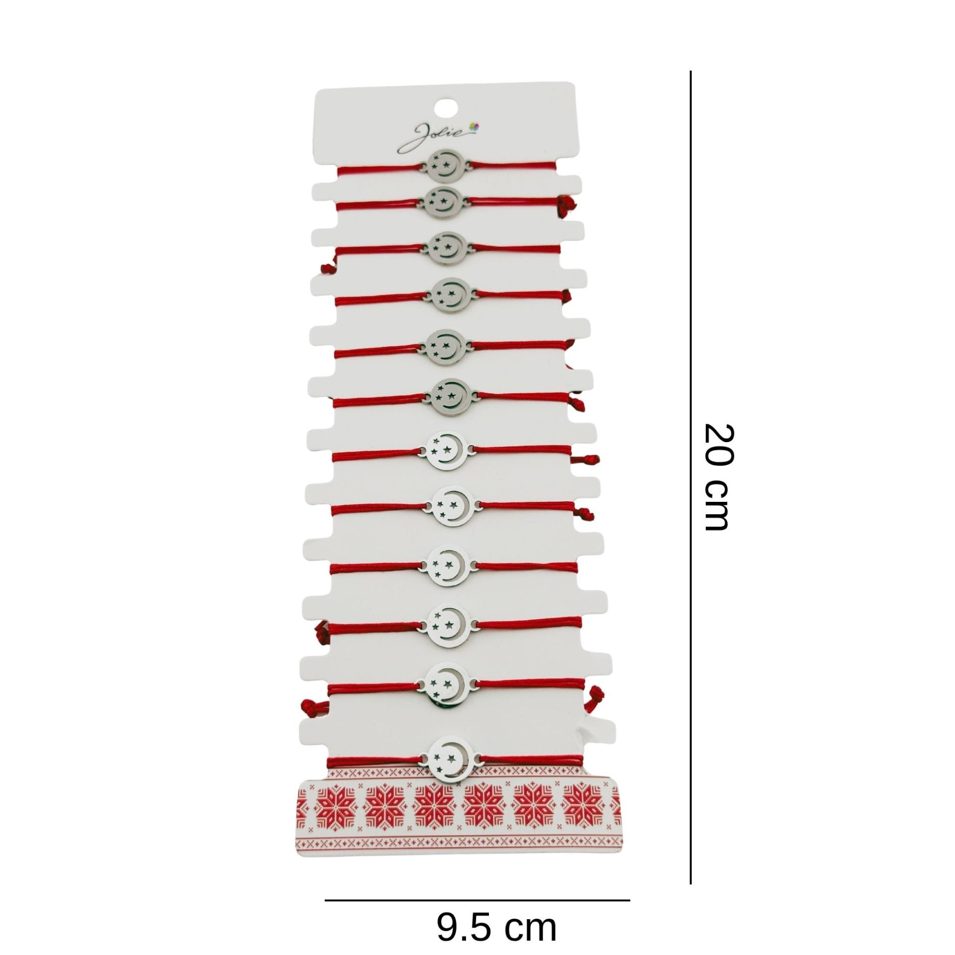 Bratara Martisor pentru Dama, Model Luna in Cerc, Set 12 bucati, Pandativ Argintiu din Inox cu Snur Rosu Ajustabil