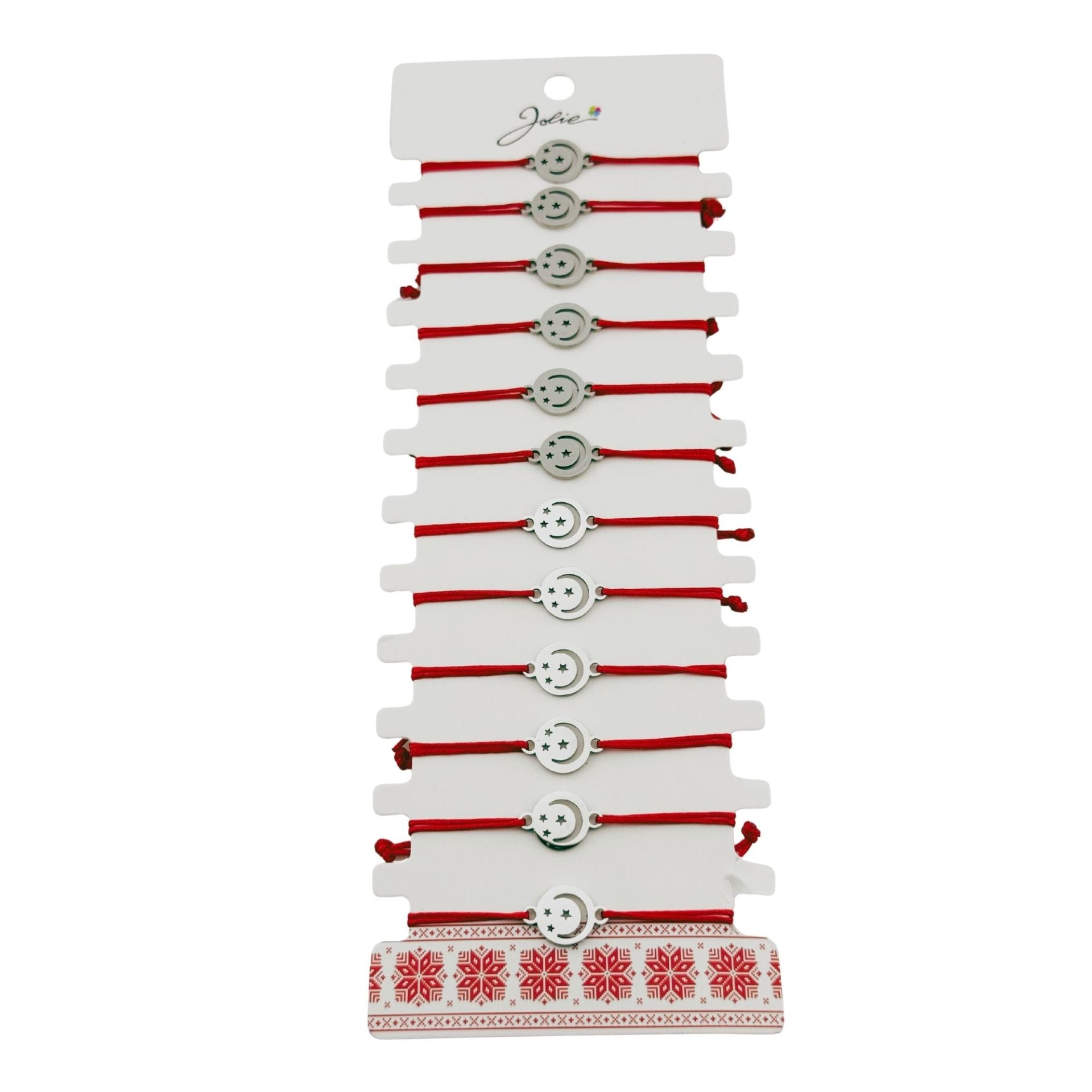 Bratara Martisor pentru Dama, Model Luna in Cerc, Set 12 bucati, Pandativ Argintiu din Inox cu Snur Rosu Ajustabil
