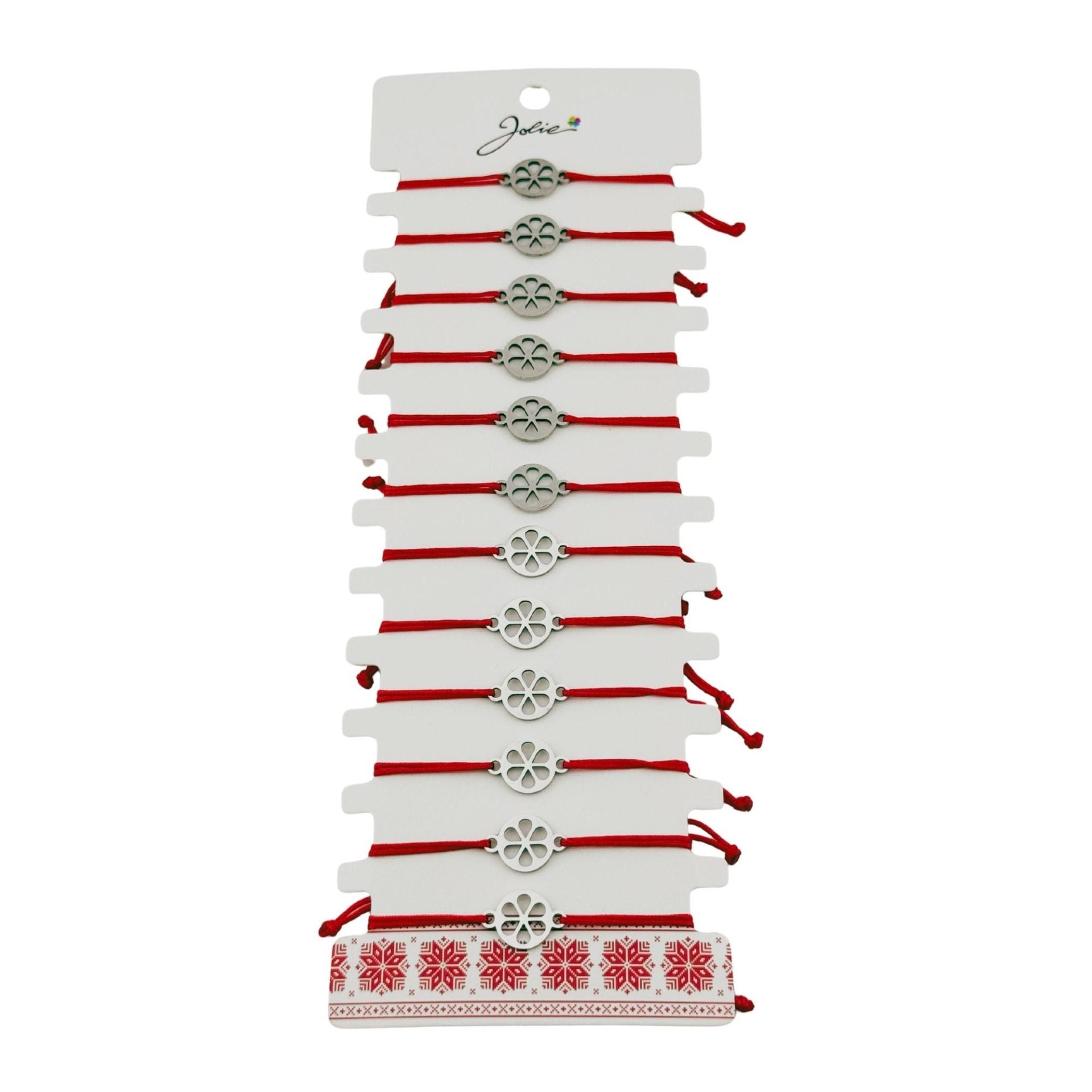 Bratara Martisor pentru Dama, Model Floare in Cerc, Set 12 bucati, Pandativ Argintiu din Inox cu Snur Rosu Ajustabil