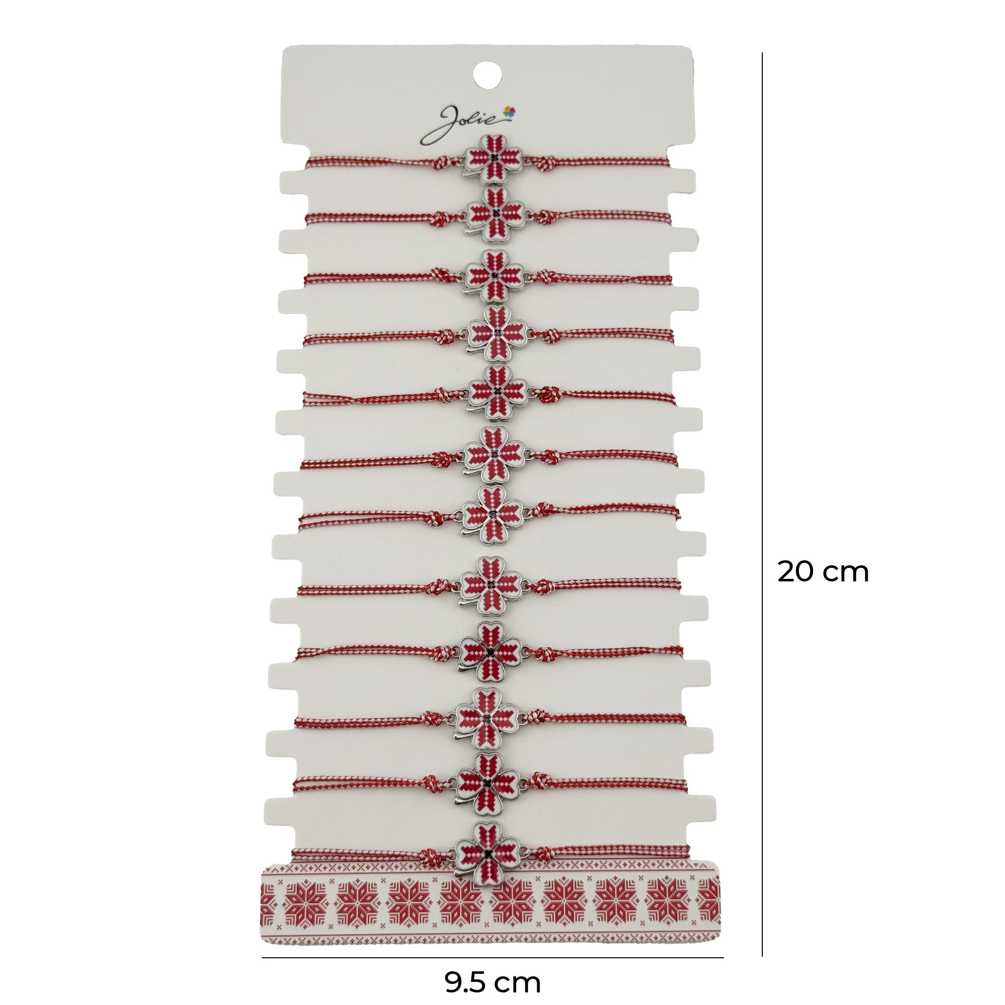 Bratara Martisor pentru Dama, Model Trifoi, Set 12 bucati, Pandativ din Aliaj cu Print Traditional, Snur Ajustabil Impletit, Alb/Rosu