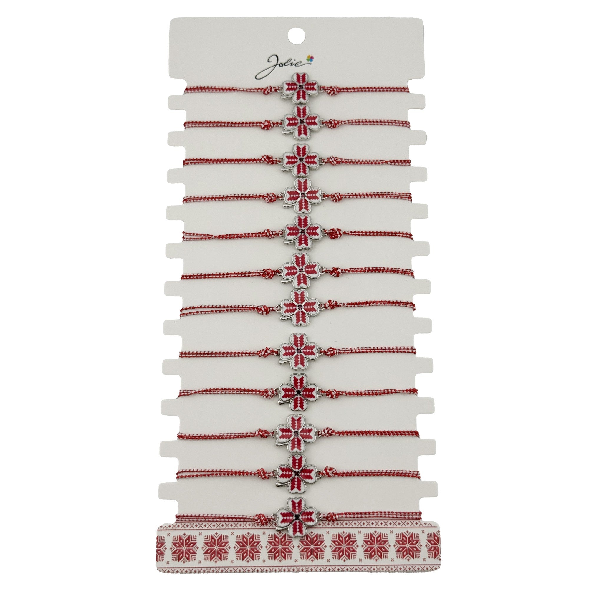 Bratara Martisor pentru Dama, Model Trifoi, Set 12 bucati, Pandativ din Aliaj cu Print Traditional, Snur Ajustabil Impletit, Alb/Rosu