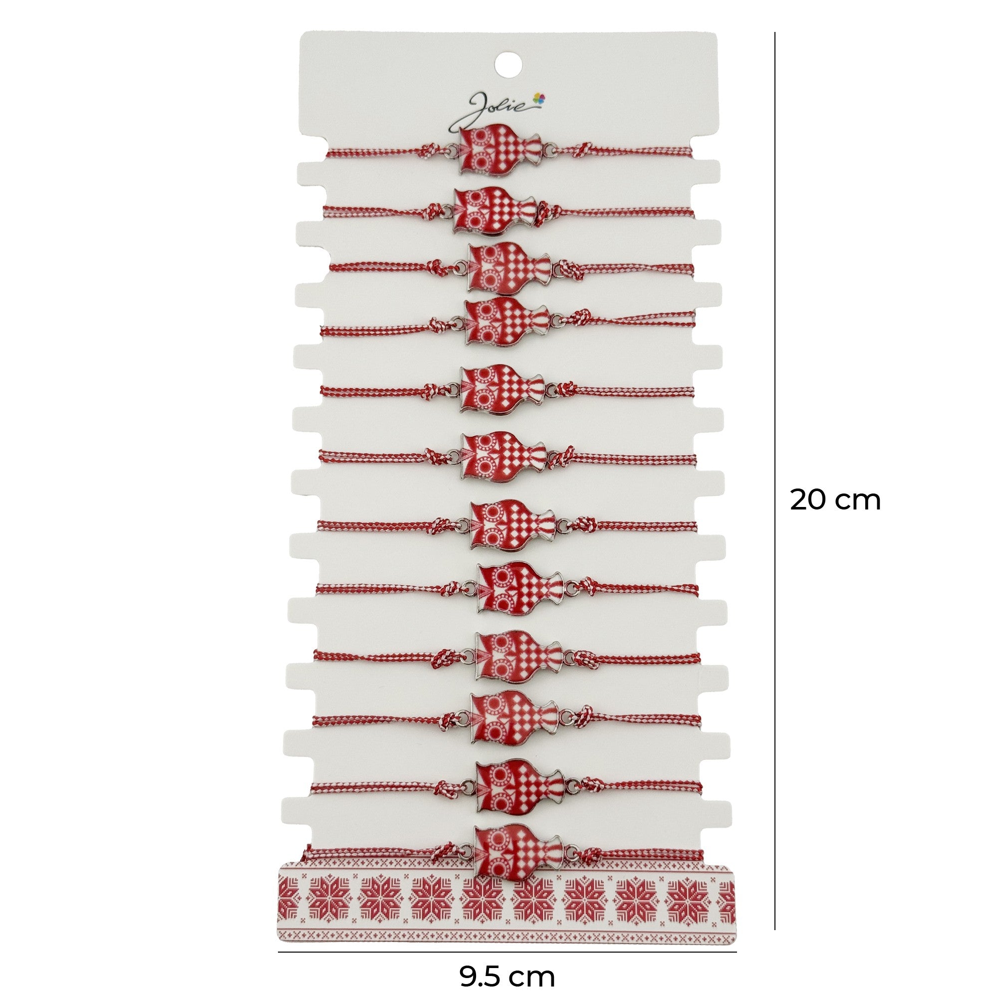 Bratara Martisor pentru Dama, Model Bufnita, Set 12 bucati, Pandativ din Aliaj cu Print Traditional, Snur Ajustabil Impletit, Alb/Rosu