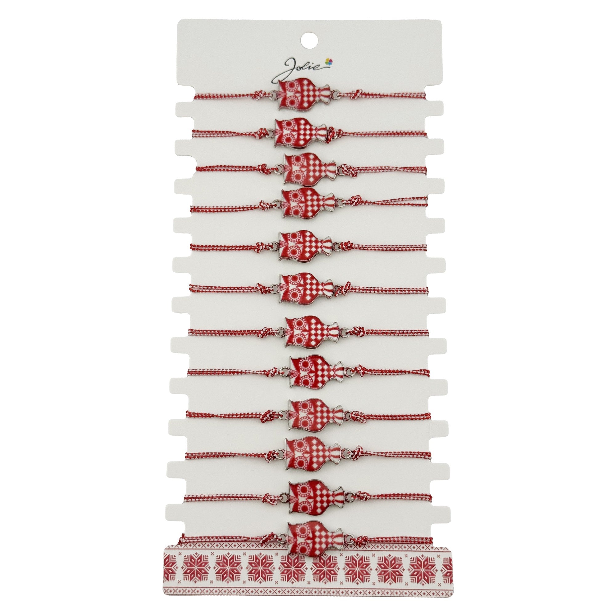 Bratara Martisor pentru Dama, Model Bufnita, Set 12 bucati, Pandativ din Aliaj cu Print Traditional, Snur Ajustabil Impletit, Alb/Rosu