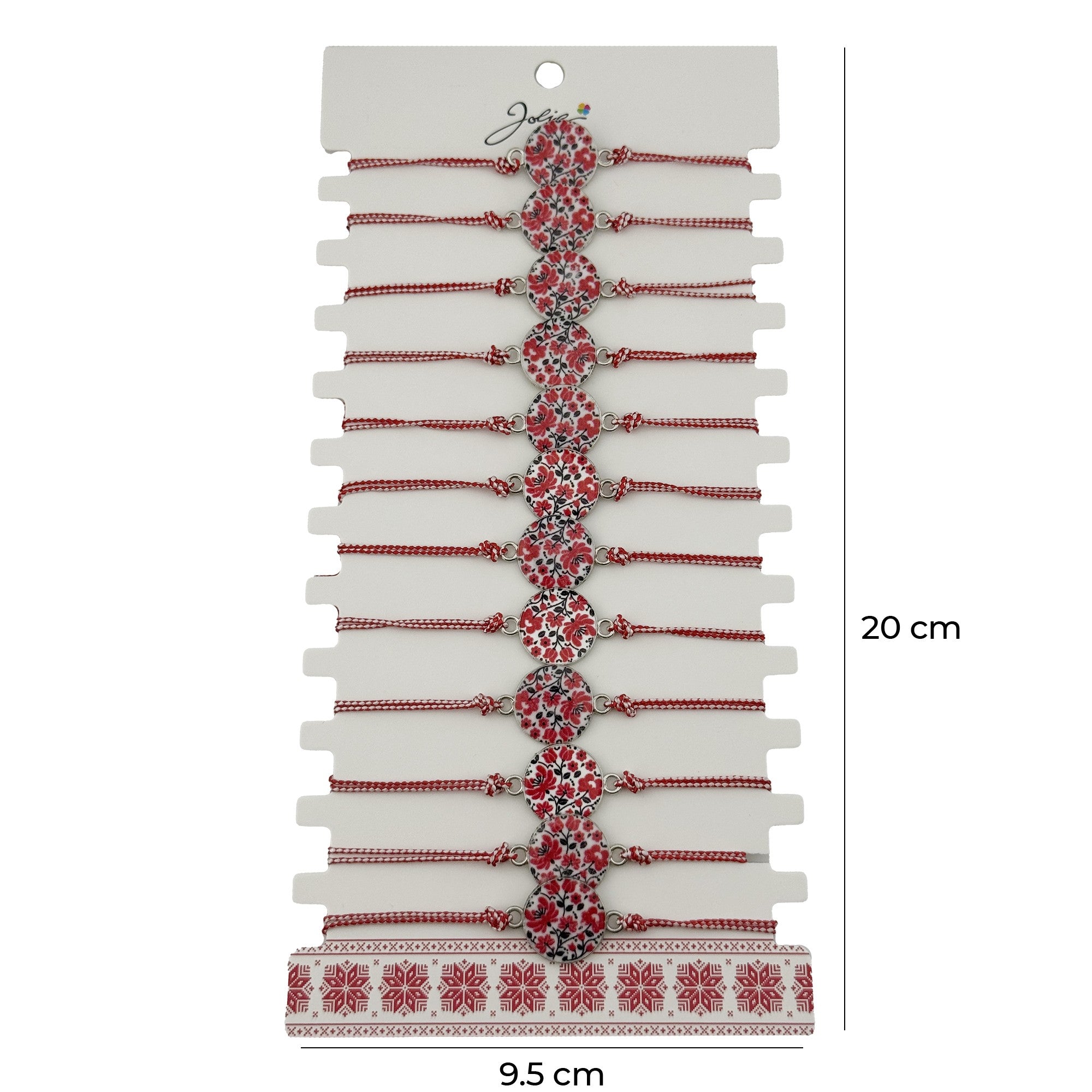 Bratara Martisor pentru Dama, Model Rotund cu Flori, Set 12 bucati, Pandativ din Aliaj, cu Print Traditional, Snur Ajustabil Impletit, Alb/Rosu