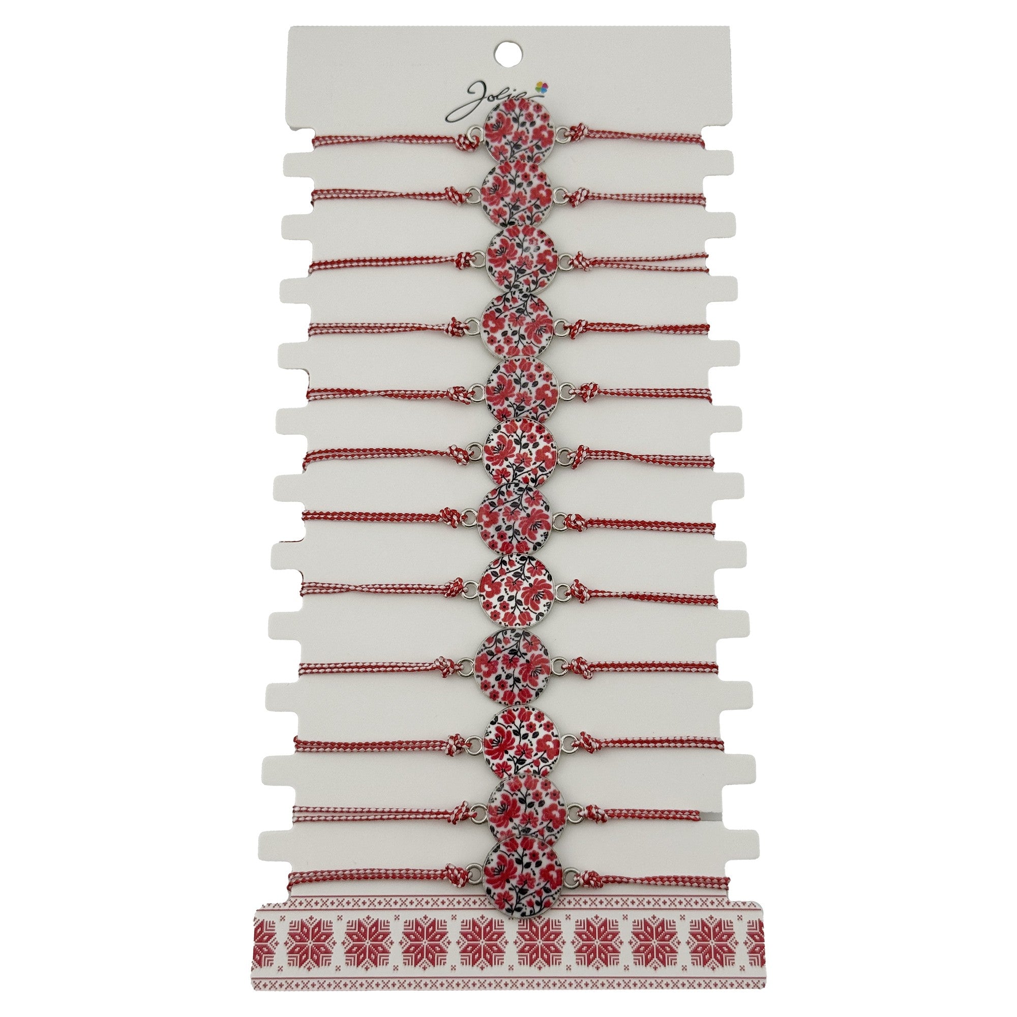 Bratara Martisor pentru Dama, Model Rotund cu Flori, Set 12 bucati, Pandativ din Aliaj, cu Print Traditional, Snur Ajustabil Impletit, Alb/Rosu