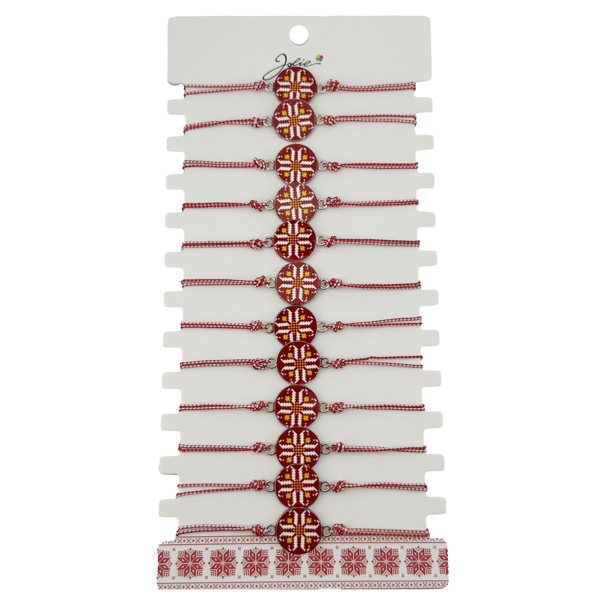 Bratara Martisor pentru Dama, Model Rotund Port Traditional, Set 12 bucati, Pandativ din Aliaj cu Print Traditional, Snur Ajustabil Impletit, Alb/Rosu