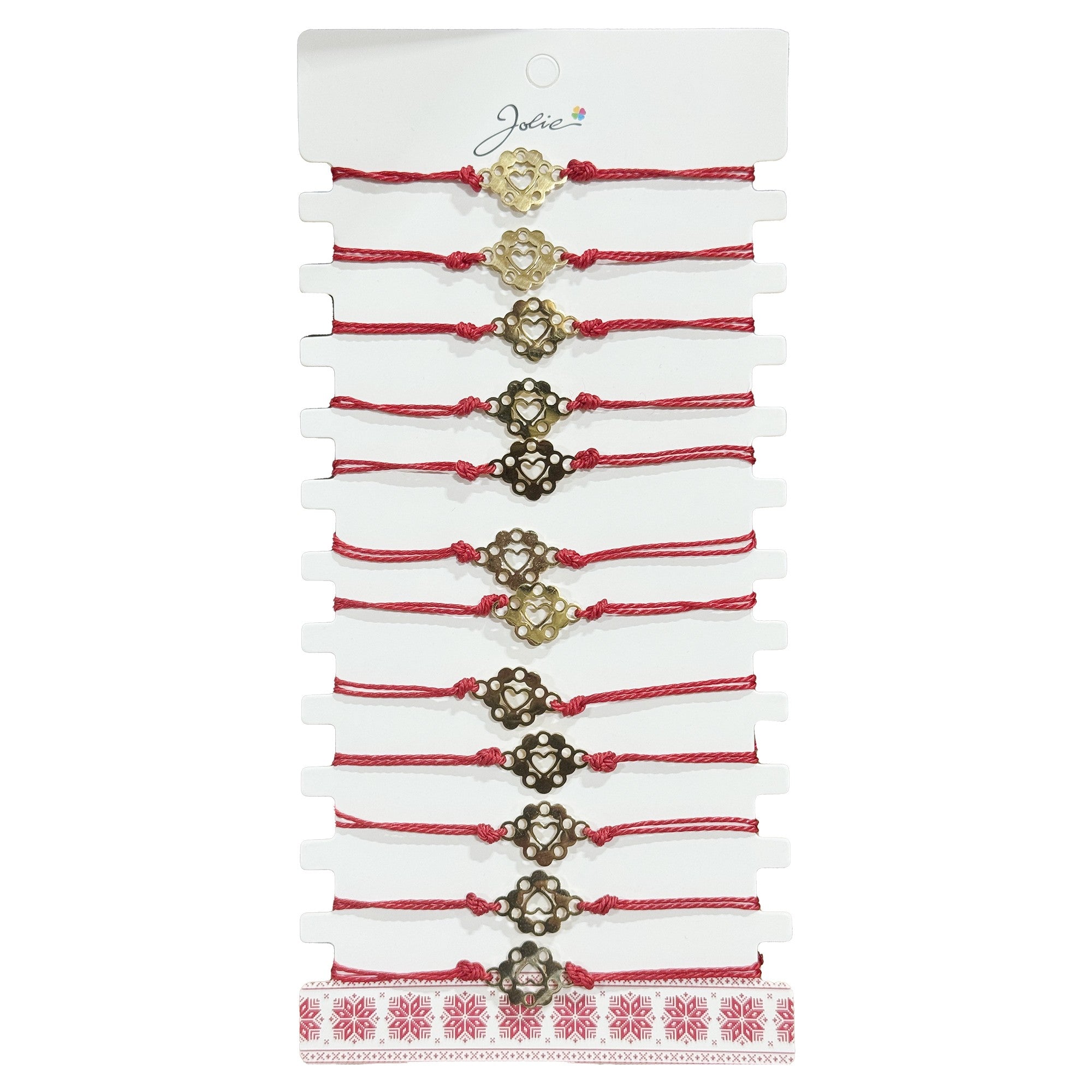 Bratara Martisor pentru Dama, Model Inima in Floare, Set 12 bucati, Pandativ Auriu din Inox cu Snur Rosu Ajustabil