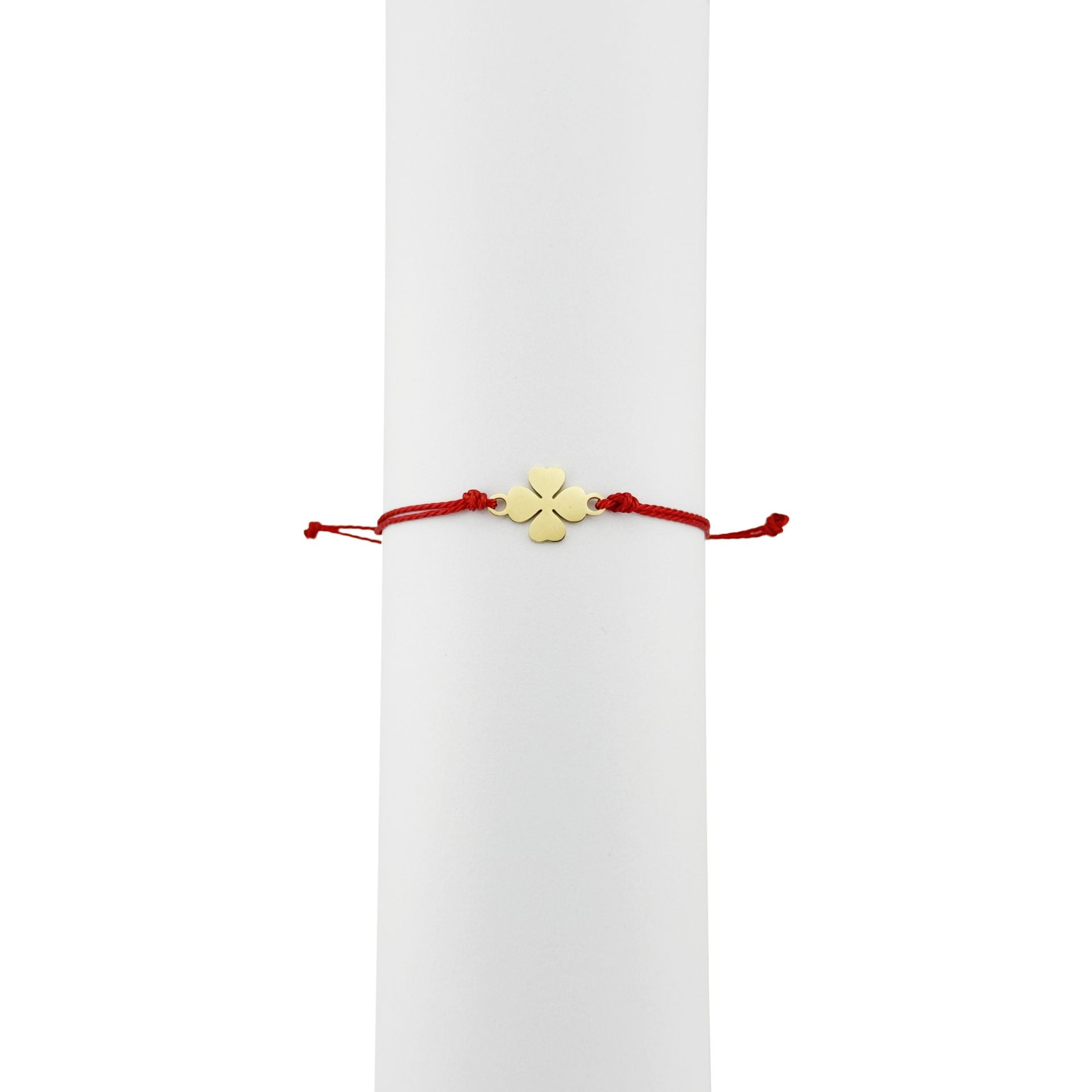 Bratara Martisor pentru Dama, Model Trifoi, Set 12 bucati, Pandativ din Inox Auriu, Snur Ajustabil Impletit, Rosu