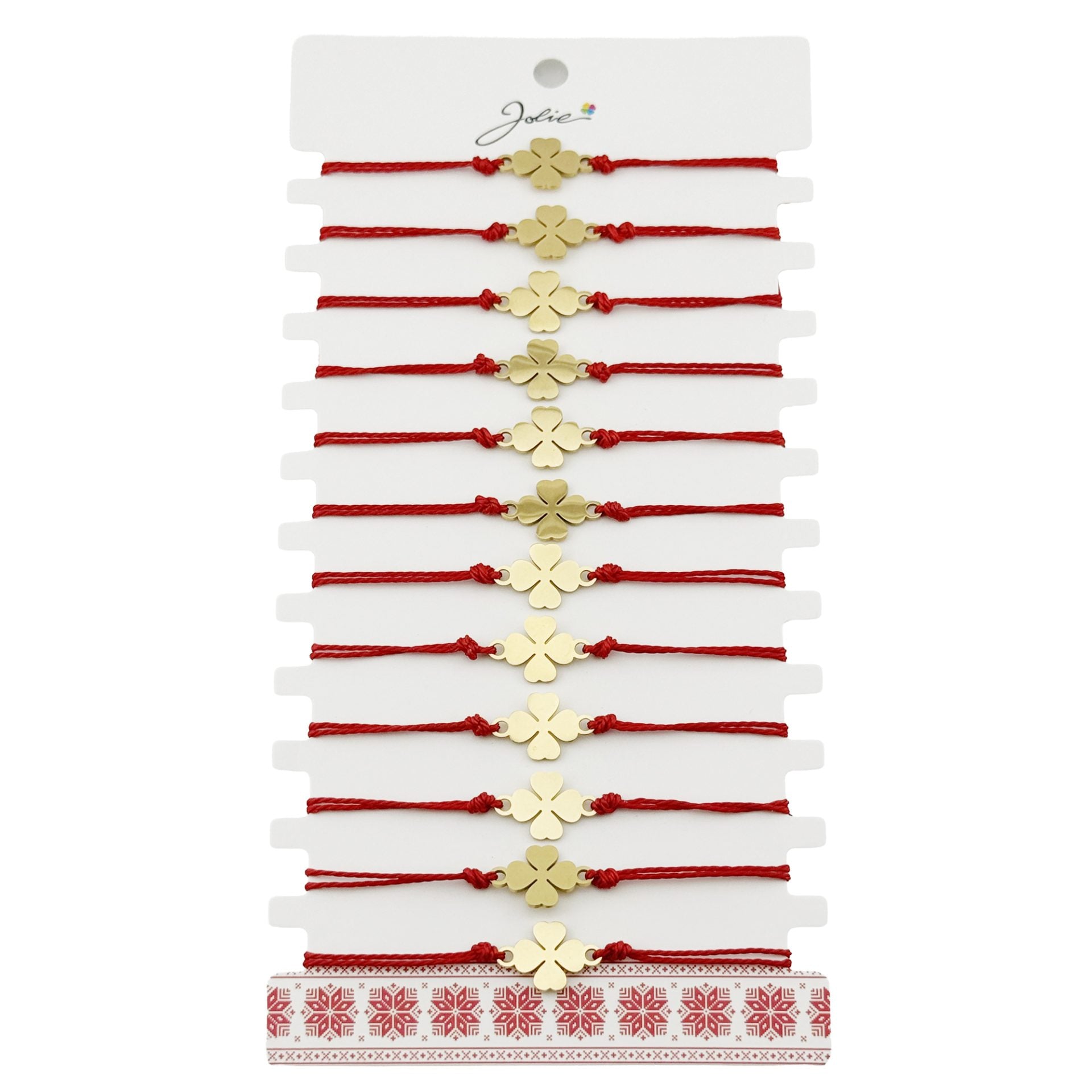 Bratara Martisor pentru Dama, Model Trifoi, Set 12 bucati, Pandativ din Inox Auriu, Snur Ajustabil Impletit, Rosu