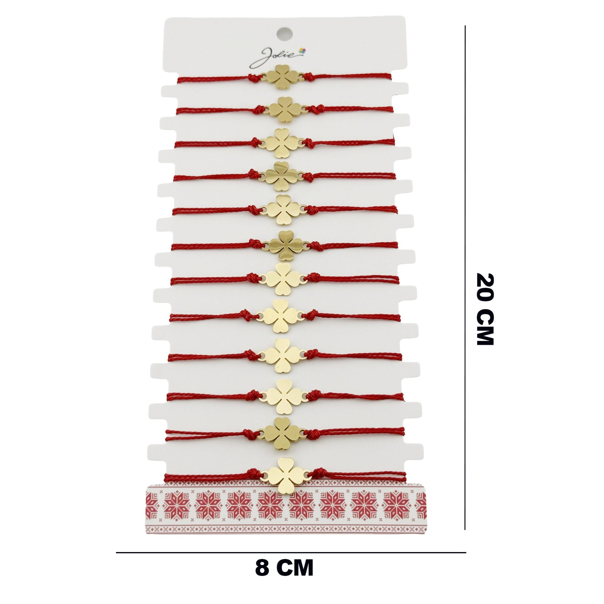 Bratara Martisor pentru Dama, Model Trifoi, Set 12 bucati, Pandativ din Inox Auriu, Snur Ajustabil Impletit, Rosu