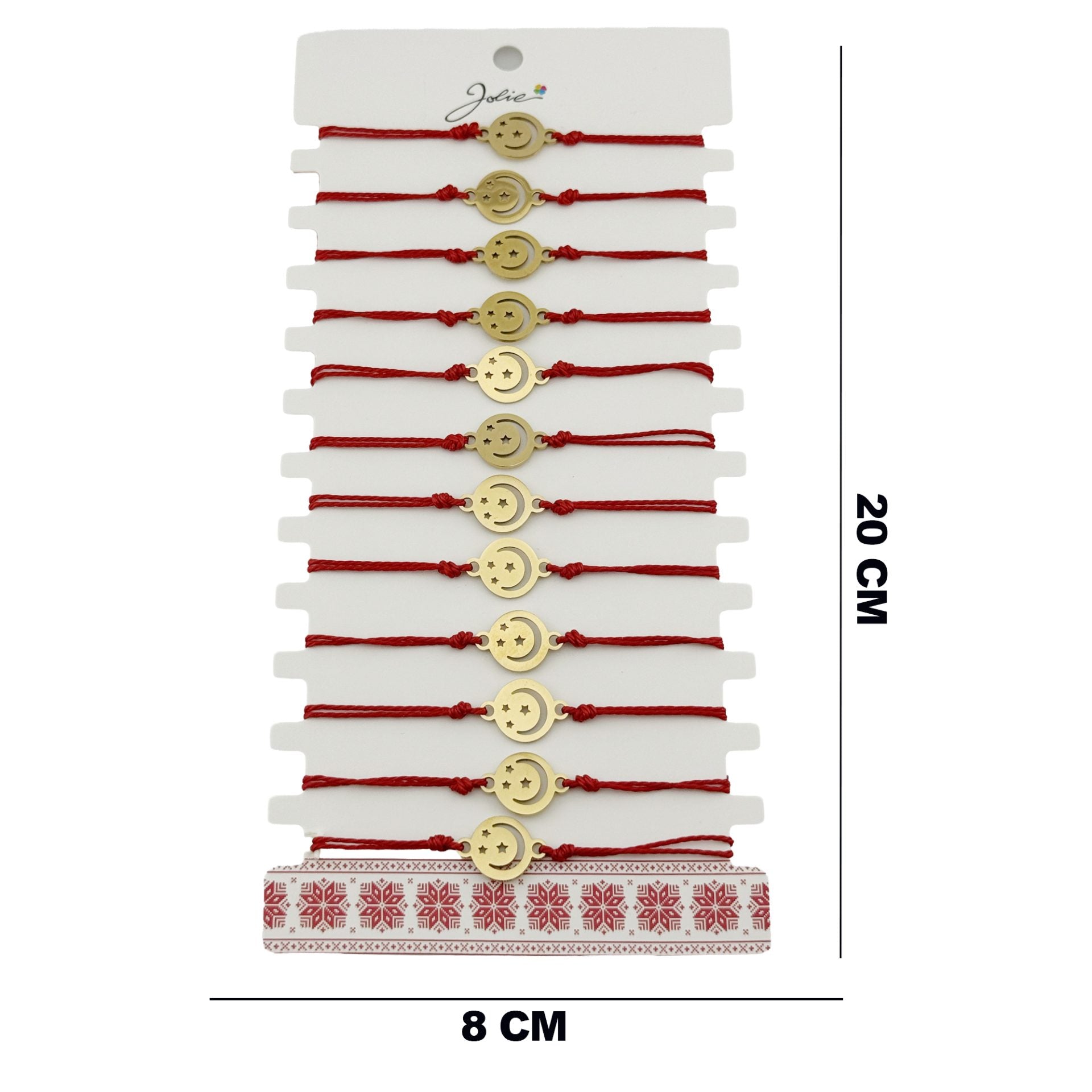 Bratara Martisor pentru Dama, Model Luna cu Stele, Set 12 bucati, Pandativ din Inox Auriu, Snur Ajustabil Impletit, Rosu