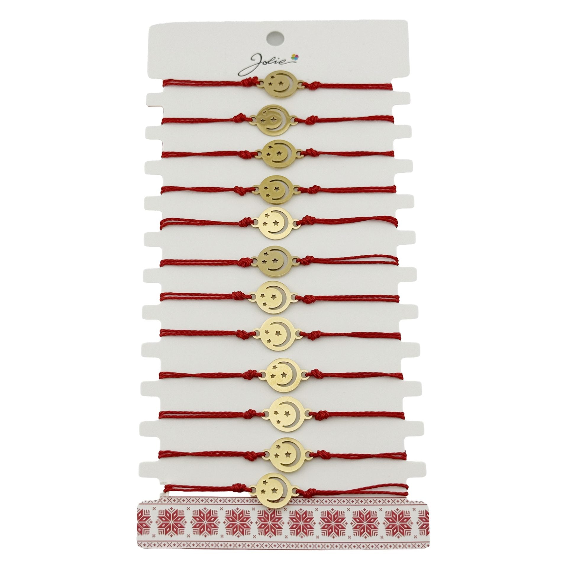 Bratara Martisor pentru Dama, Model Luna cu Stele, Set 12 bucati, Pandativ din Inox Auriu, Snur Ajustabil Impletit, Rosu