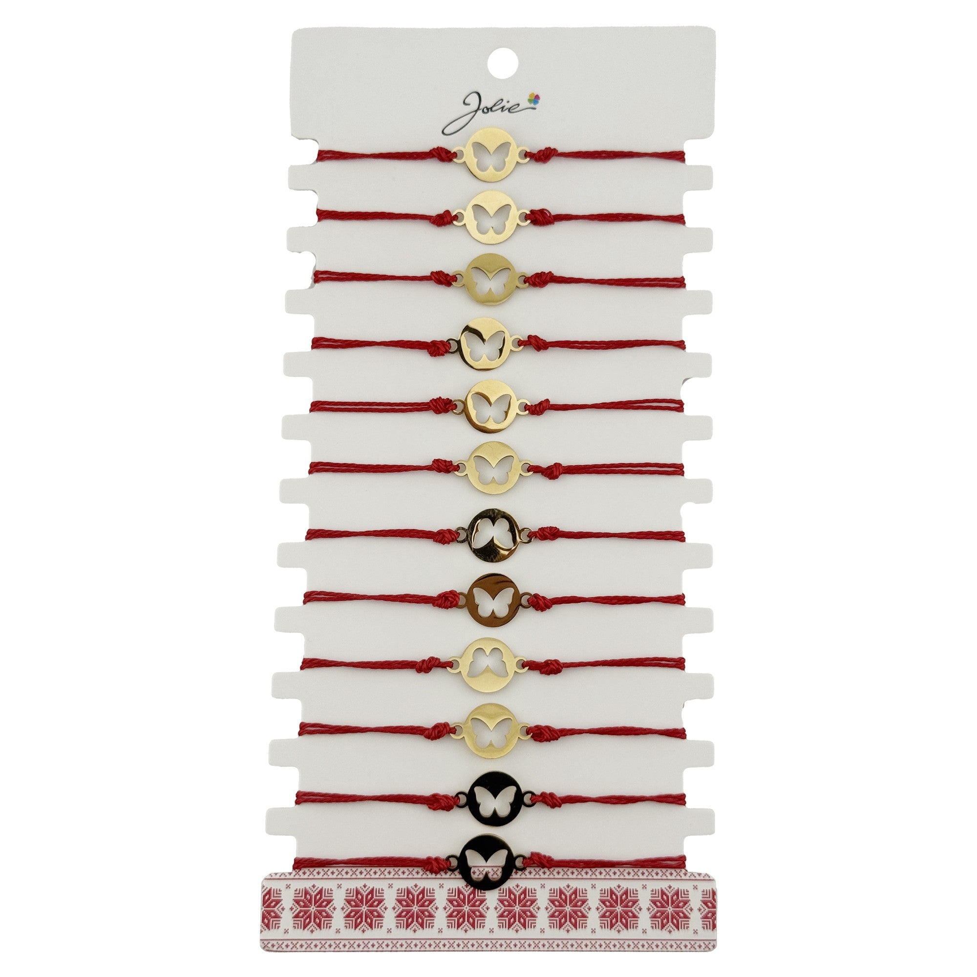 Bratara Martisor pentru Dama, Model Fluture in Moneda, Set 12 bucati, Pandativ Auriu din Inox cu Snur Rosu Ajustabil