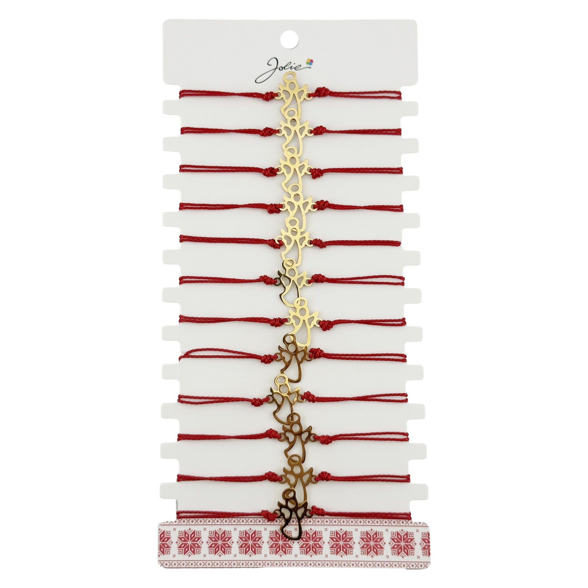 Bratara Martisor pentru Dama, Model Ingeras, Set 12 bucati, Pandativ Auriu din Inox cu Snur Rosu Ajustabil