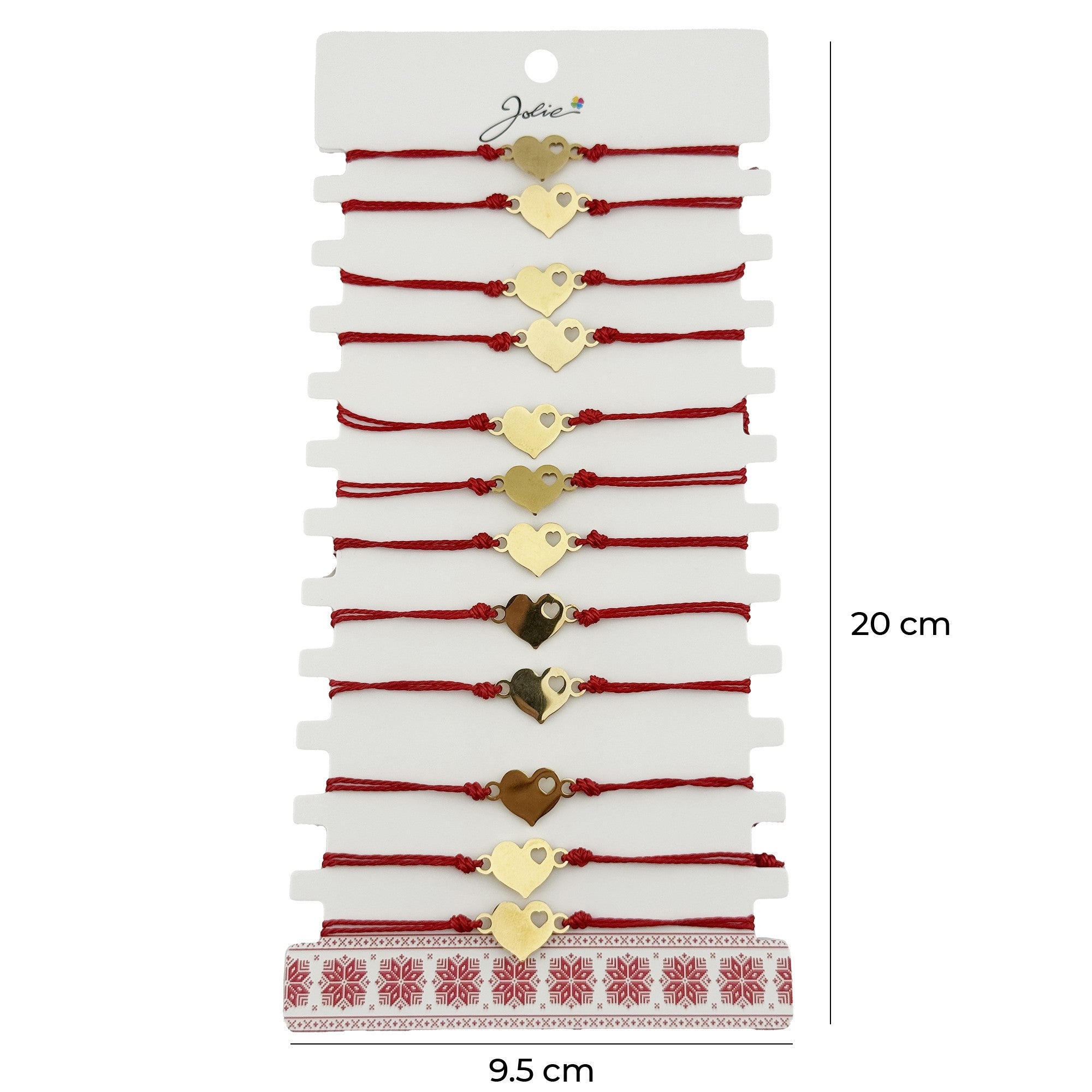 Bratara Martisor pentru Dama, Model Inima mica, Set 12 bucati, Pandativ Auriu din Inox cu Snur Rosu Ajustabil