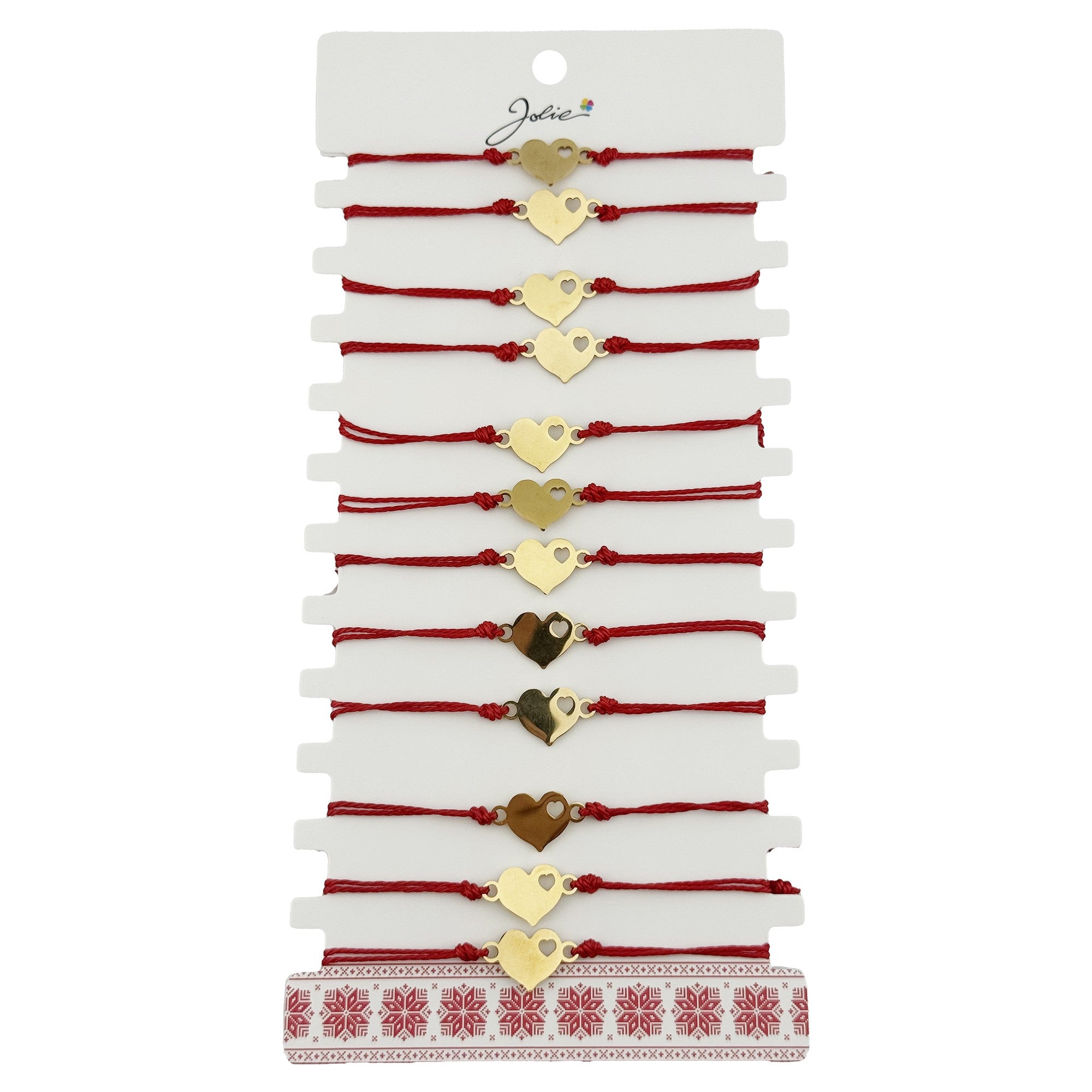 Bratara Martisor pentru Dama, Model Inima mica, Set 12 bucati, Pandativ Auriu din Inox cu Snur Rosu Ajustabil