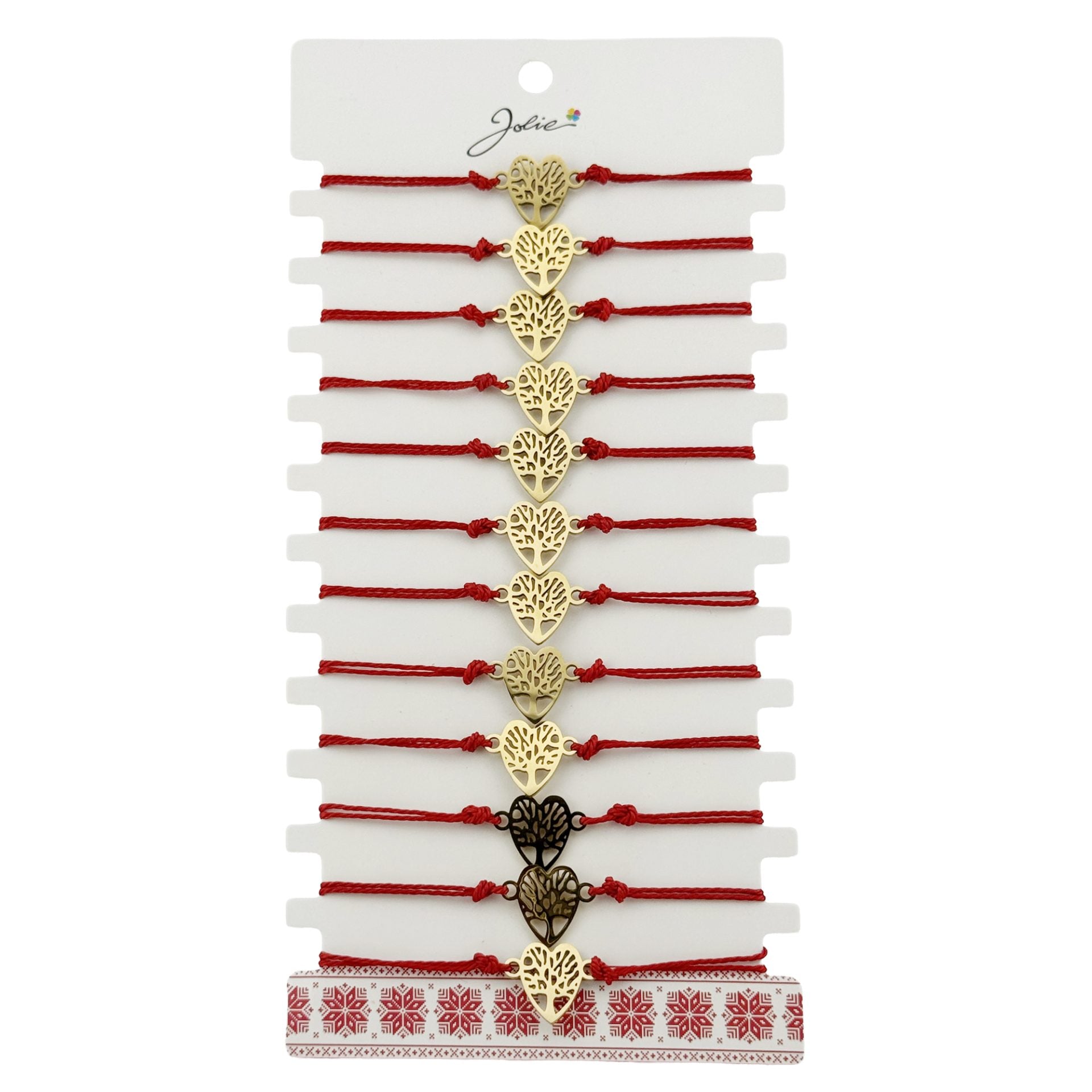 Bratara Martisor pentru Dama, Model Copac in Inima, Set 12 bucati, Pandativ din Inox Auriu, Snur Ajustabil Impletit, Rosu