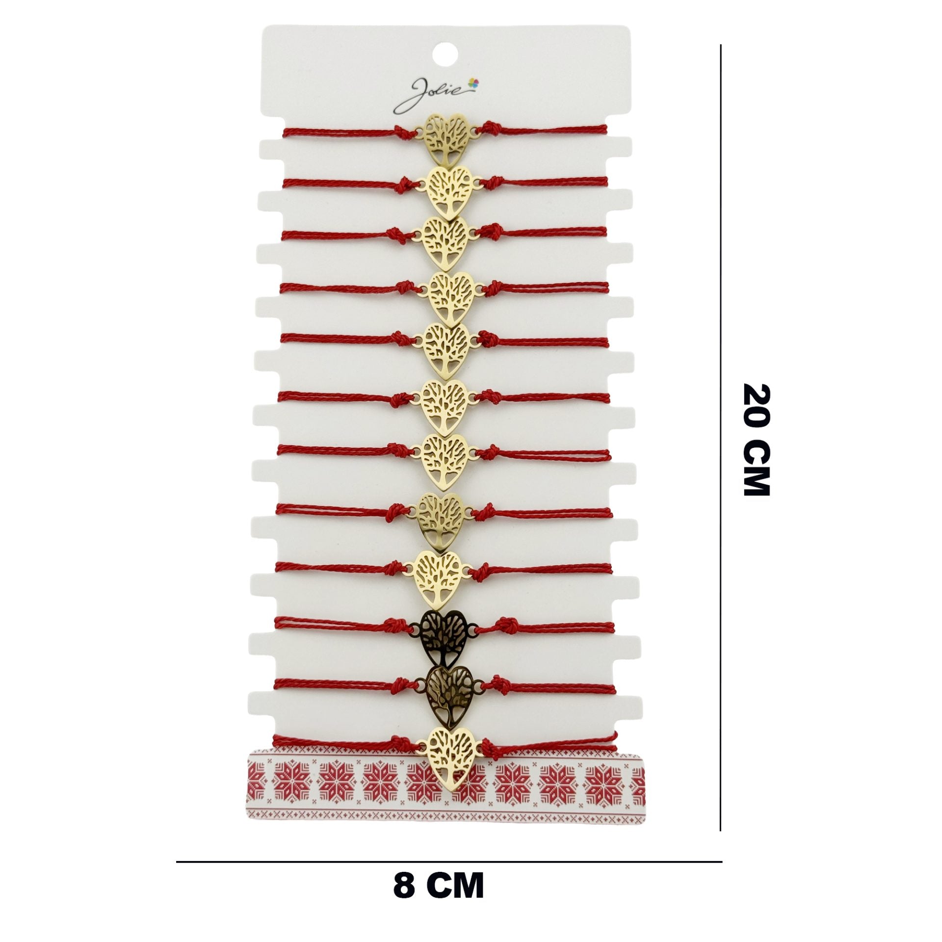 Bratara Martisor pentru Dama, Model Copac in Inima, Set 12 bucati, Pandativ din Inox Auriu, Snur Ajustabil Impletit, Rosu