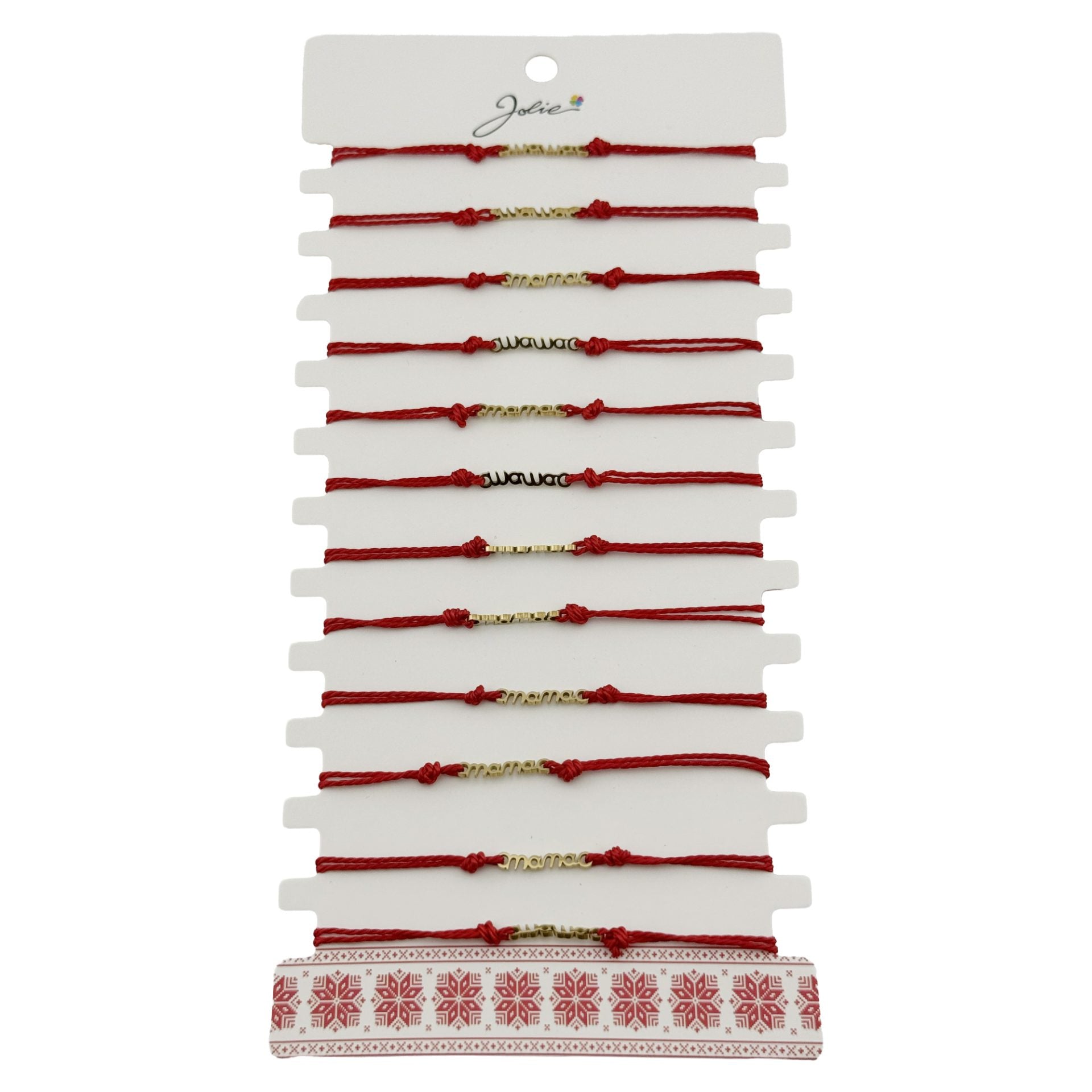 Bratara Martisor pentru Dama, Model Mama, Set 12 bucati, Pandativ din Inox Auriu, Snur Ajustabil Impletit, Rosu