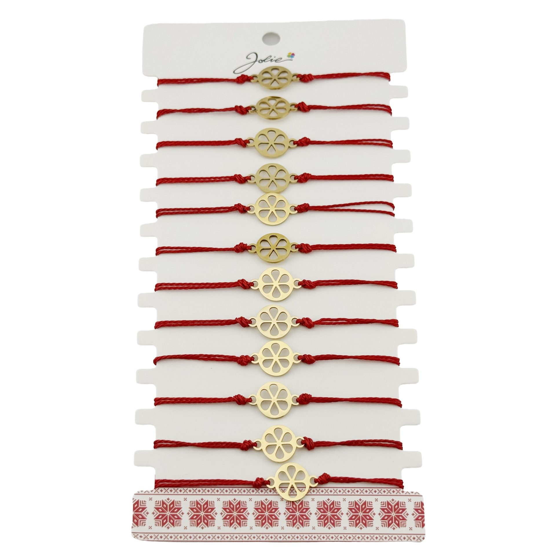 Bratara Martisor pentru Dama, Model Floare, Set 12 bucati, Pandativ din Inox Auriu, Snur Ajustabil Impletit, Rosu
