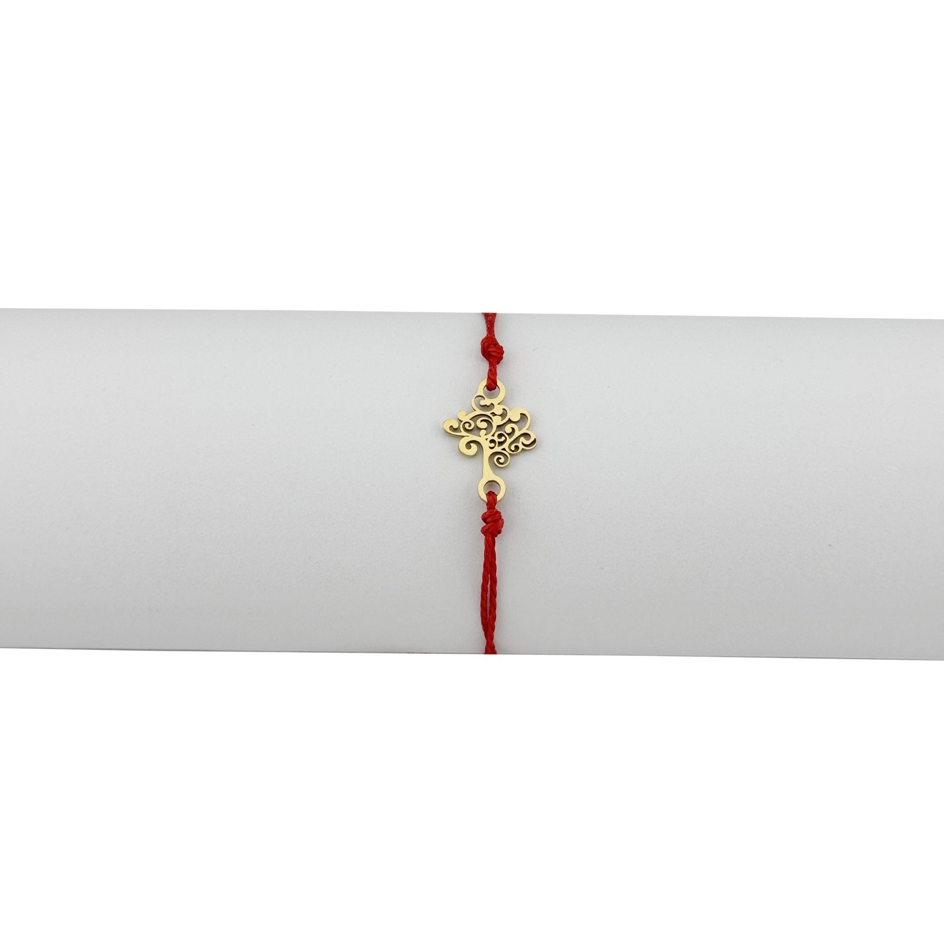 Bratara Martisor pentru Dama, Model Copac, Set 12 bucati, Pandativ din Inox Auriu, Snur Ajustabil Impletit, Rosu