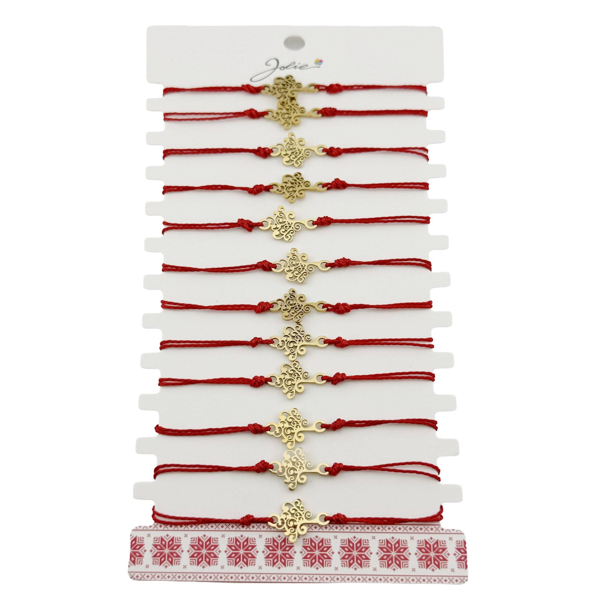 Bratara Martisor pentru Dama, Model Copac, Set 12 bucati, Pandativ din Inox Auriu, Snur Ajustabil Impletit, Rosu