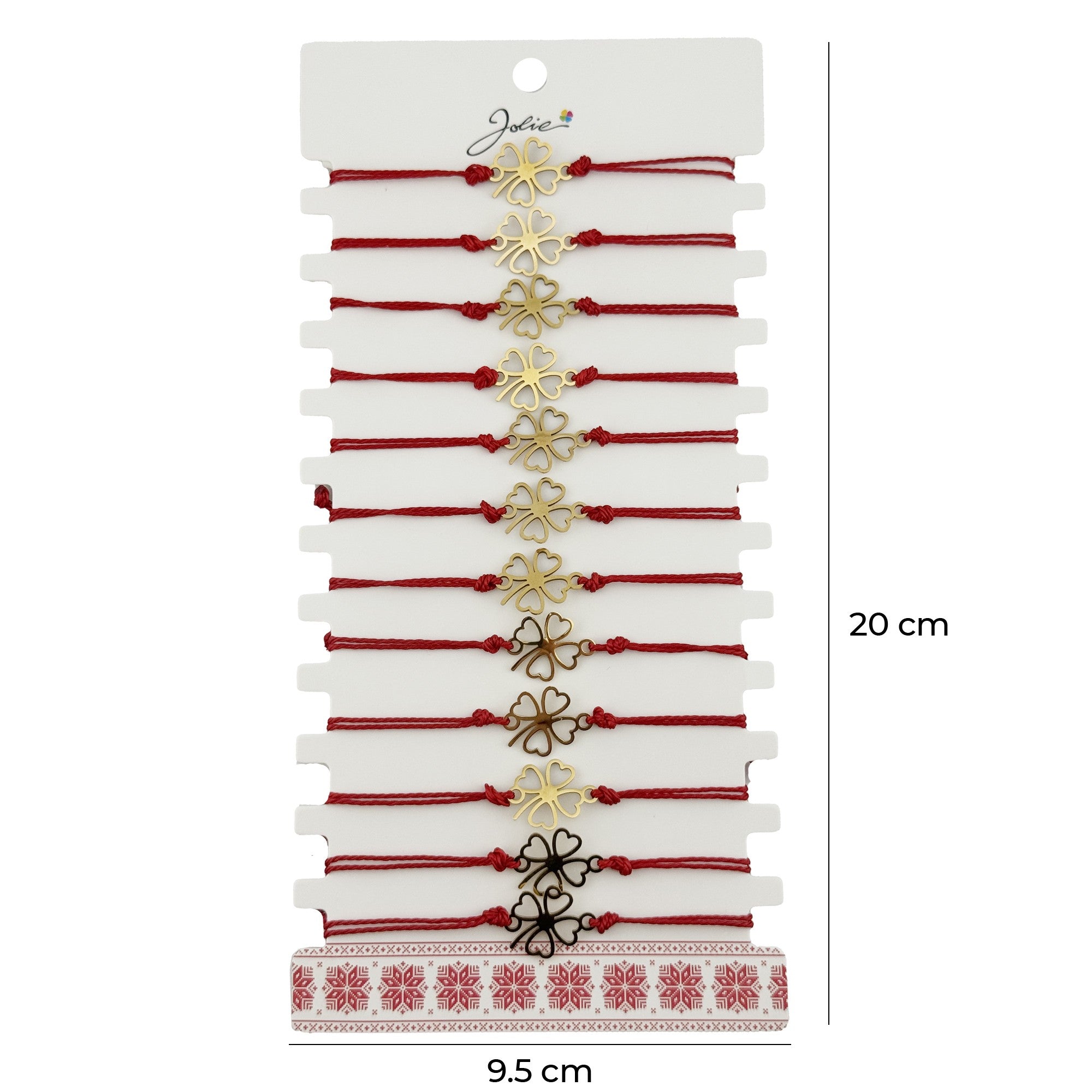 Bratara Martisor pentru Dama, Model Trifoi in Contur, Set 12 bucati, Pandativ Auriu din Inox cu Snur Rosu Ajustabil