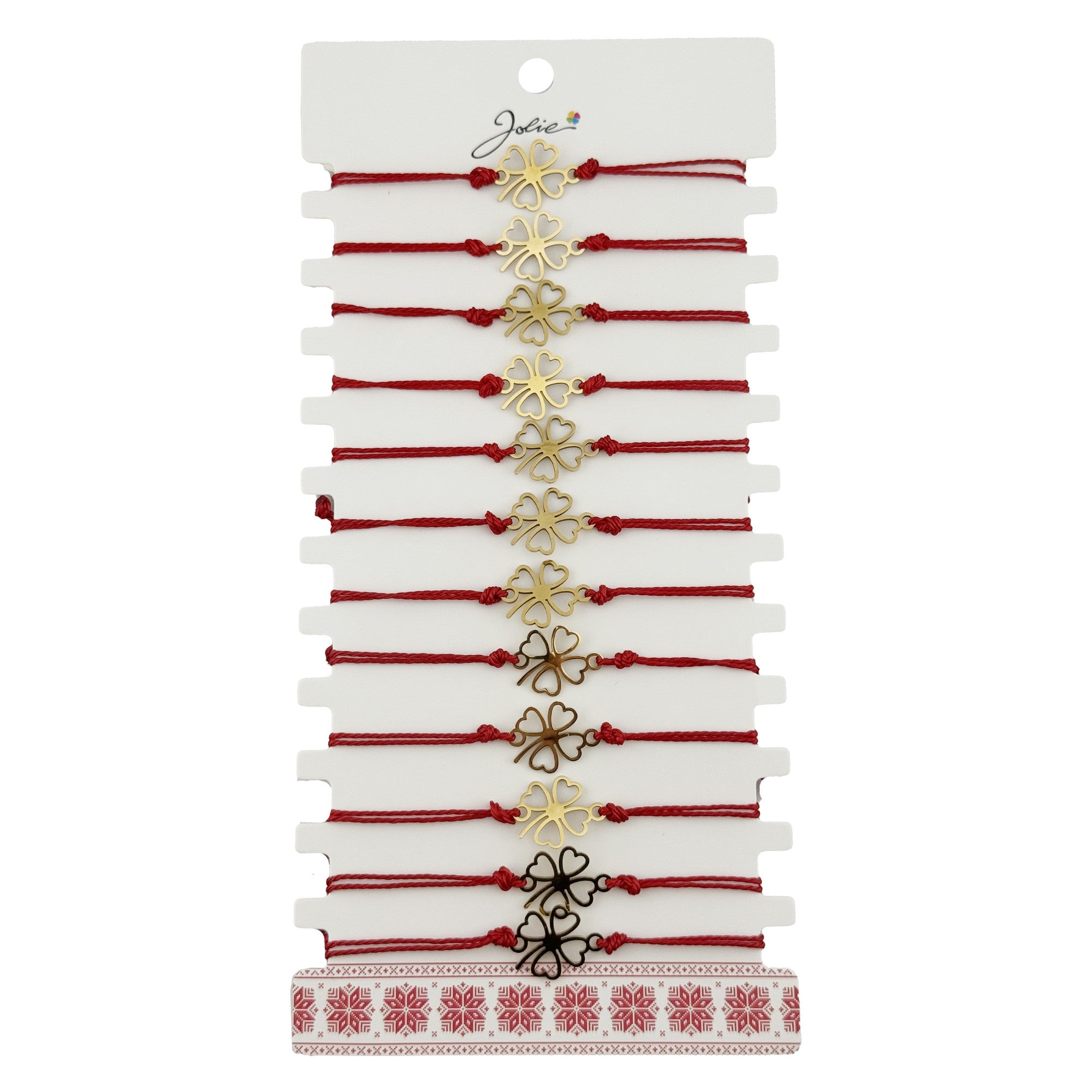 Bratara Martisor pentru Dama, Model Trifoi in Contur, Set 12 bucati, Pandativ Auriu din Inox cu Snur Rosu Ajustabil