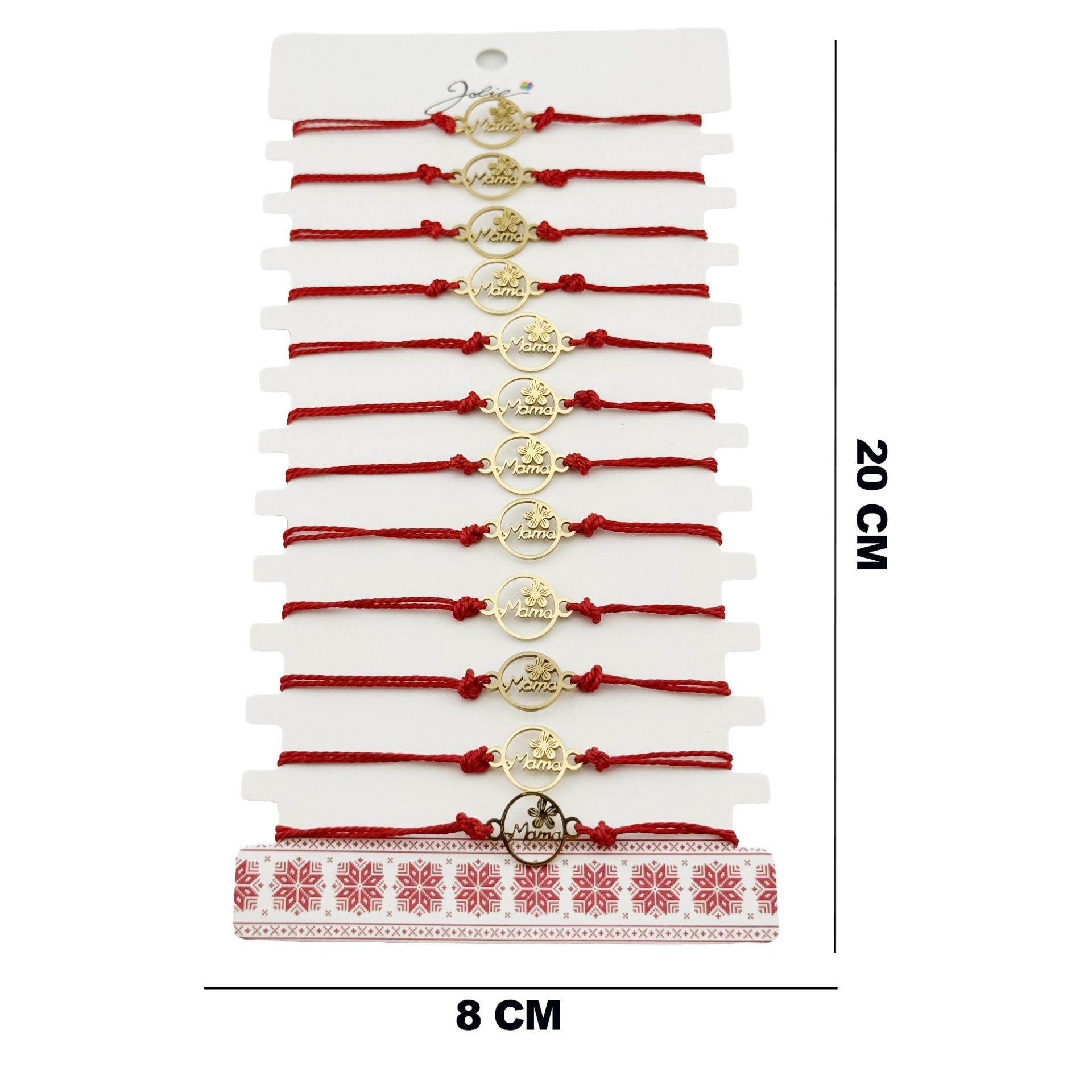 Bratara Martisor pentru Dama, Model Mama cu Floare, Set 12 bucati, Pandativ din Inox Auriu, Snur Ajustabil Impletit, Rosu