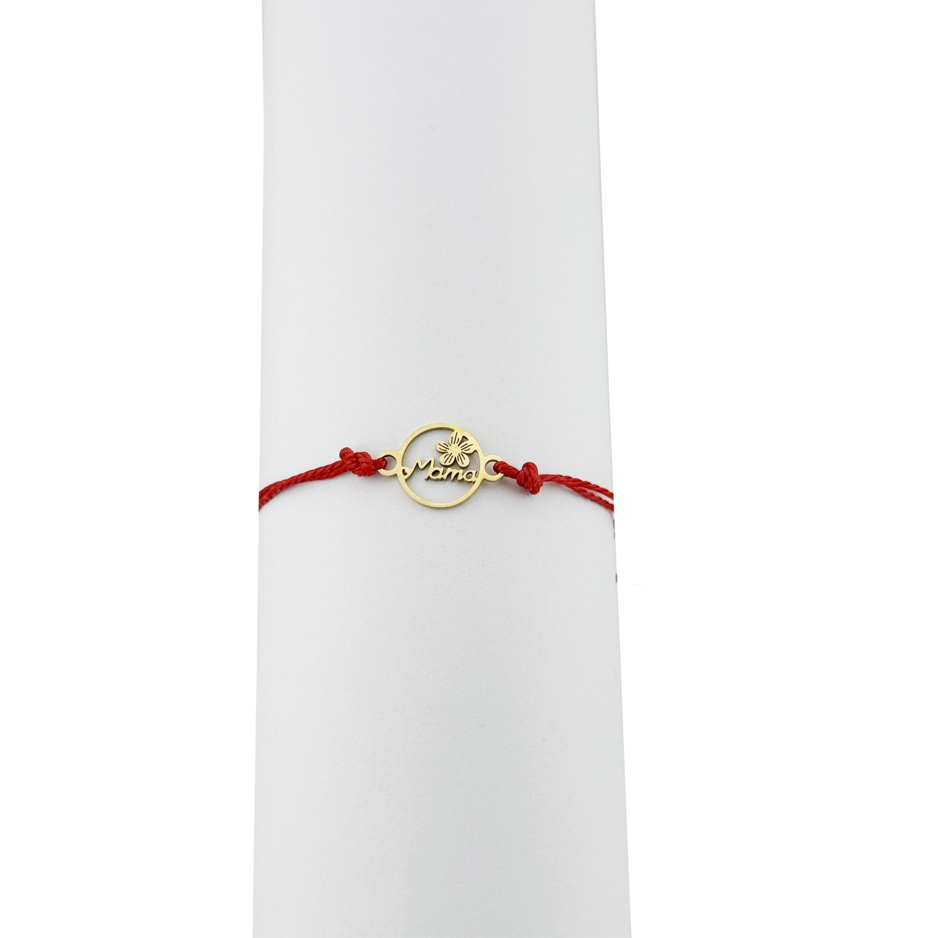 Bratara Martisor pentru Dama, Model Mama cu Floare, Set 12 bucati, Pandativ din Inox Auriu, Snur Ajustabil Impletit, Rosu