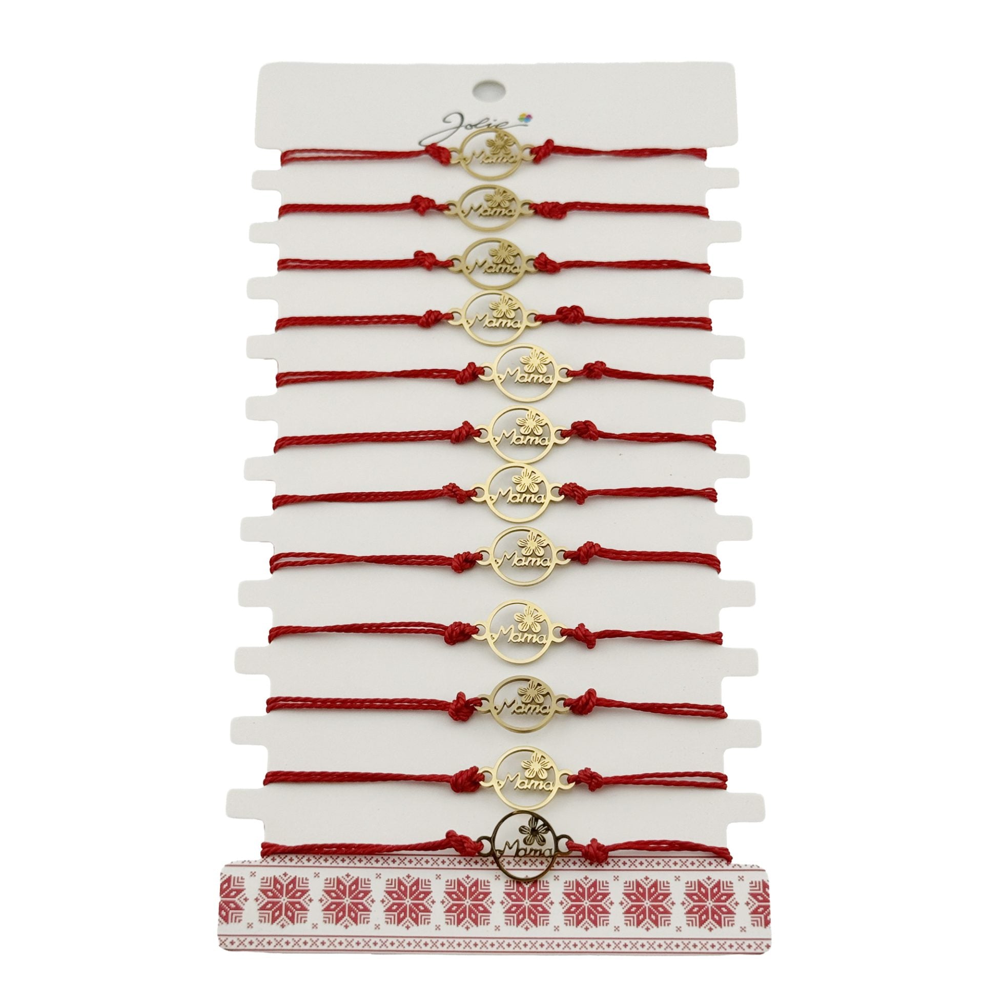 Bratara Martisor pentru Dama, Model Mama cu Floare, Set 12 bucati, Pandativ din Inox Auriu, Snur Ajustabil Impletit, Rosu