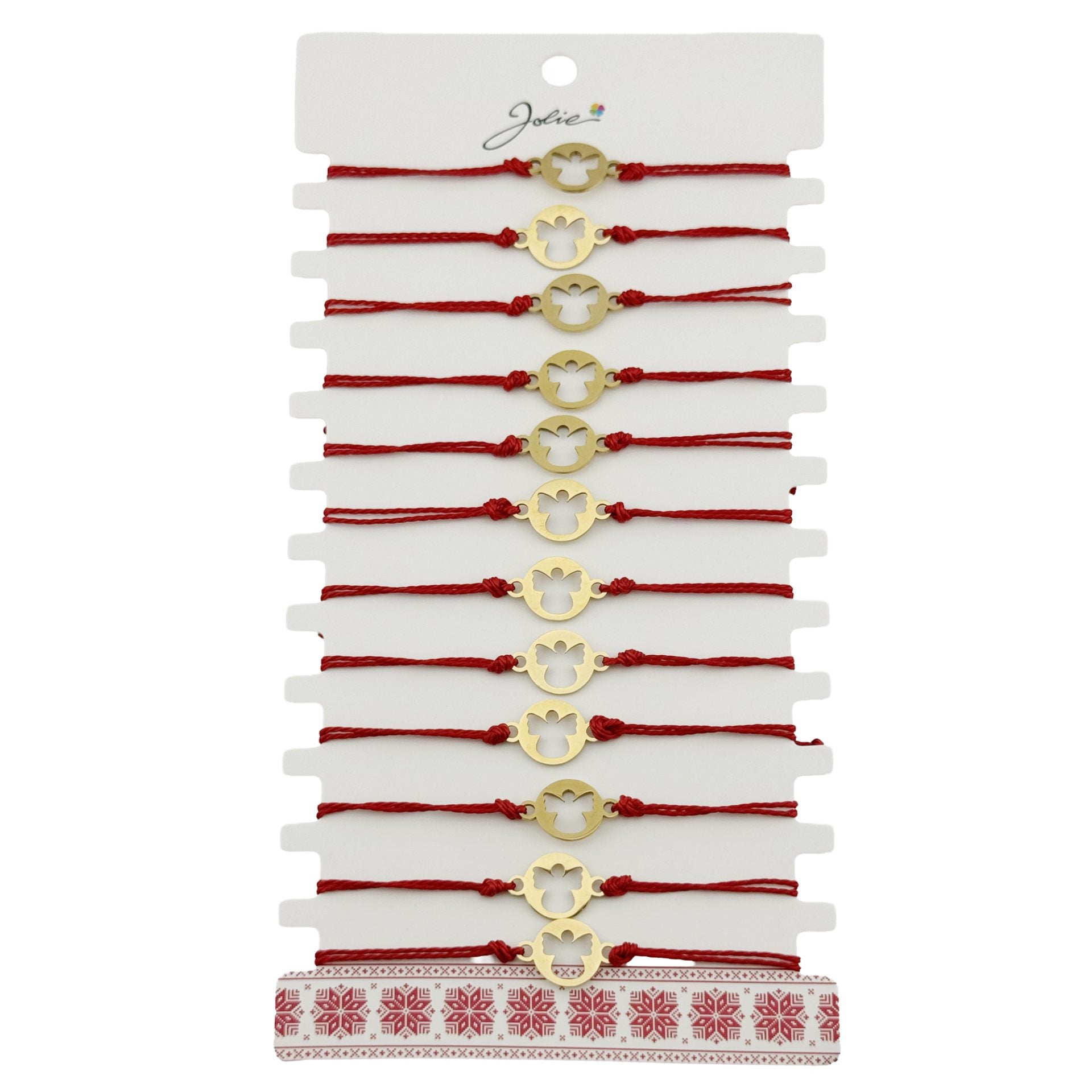 Bratara Martisor pentru Dama, Model Inger, Set 12 bucati, Pandativ din Inox Auriu, Snur Ajustabil Impletit, Rosu
