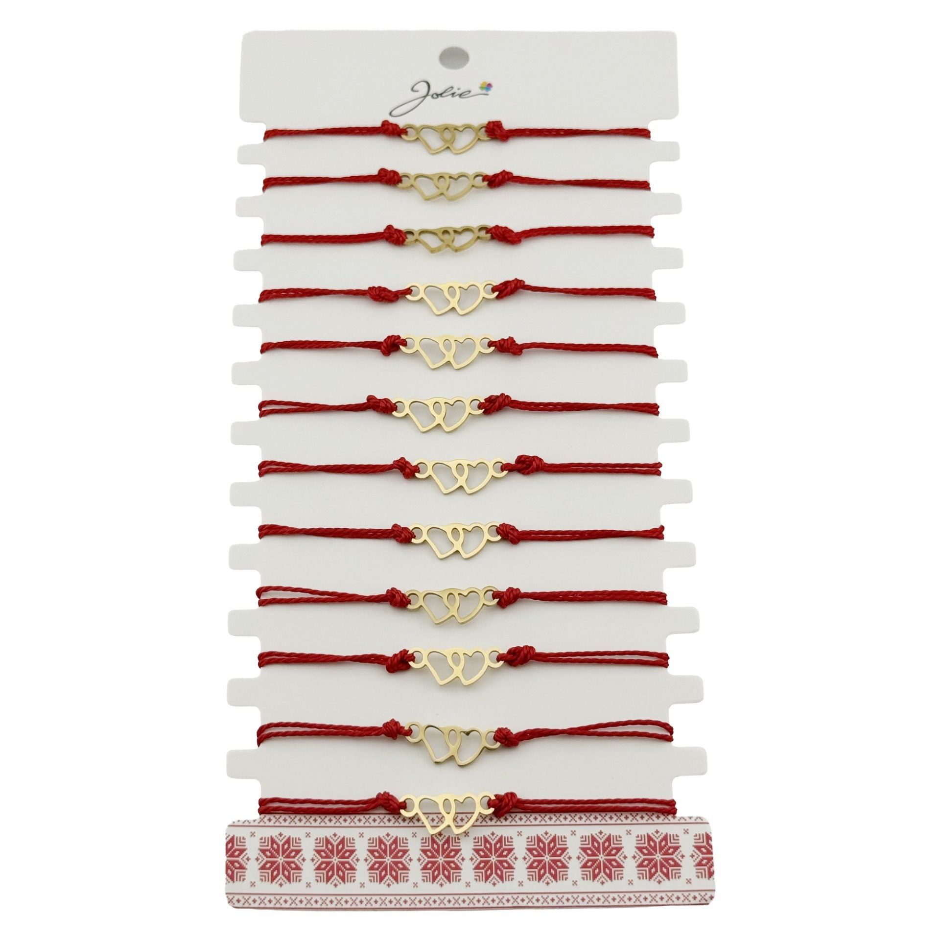 Bratara Martisor pentru Dama, Model Inima, Set 12 bucati, Pandativ din Inox Auriu, Snur Ajustabil Impletit, Rosu