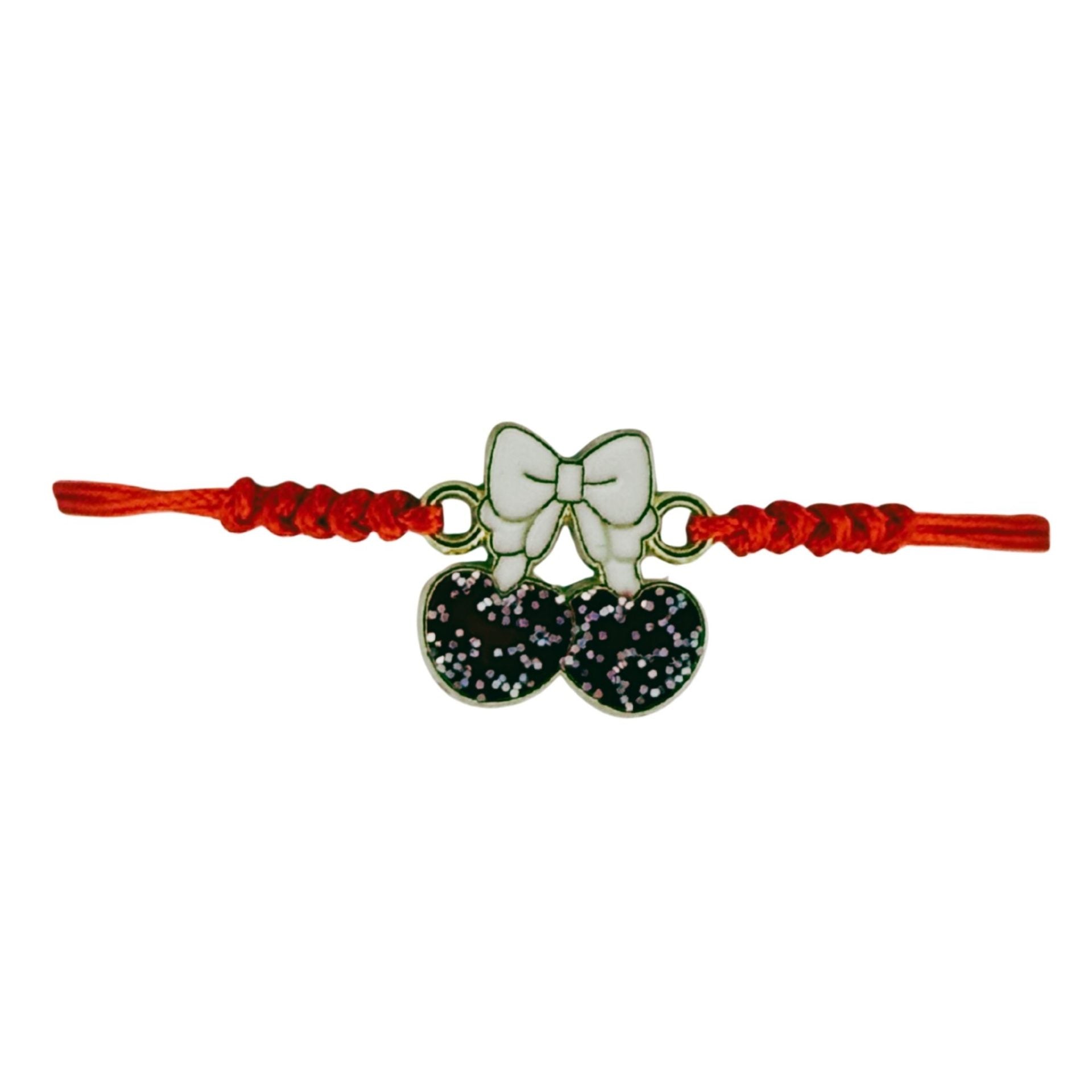 Martisor Bratara pentru Dama si Copii, Model Cirese cu Fundita si Sclipici, Set 12 bucati, Pandantiv Emailat, Snur Reglabil, Rosu/Alb