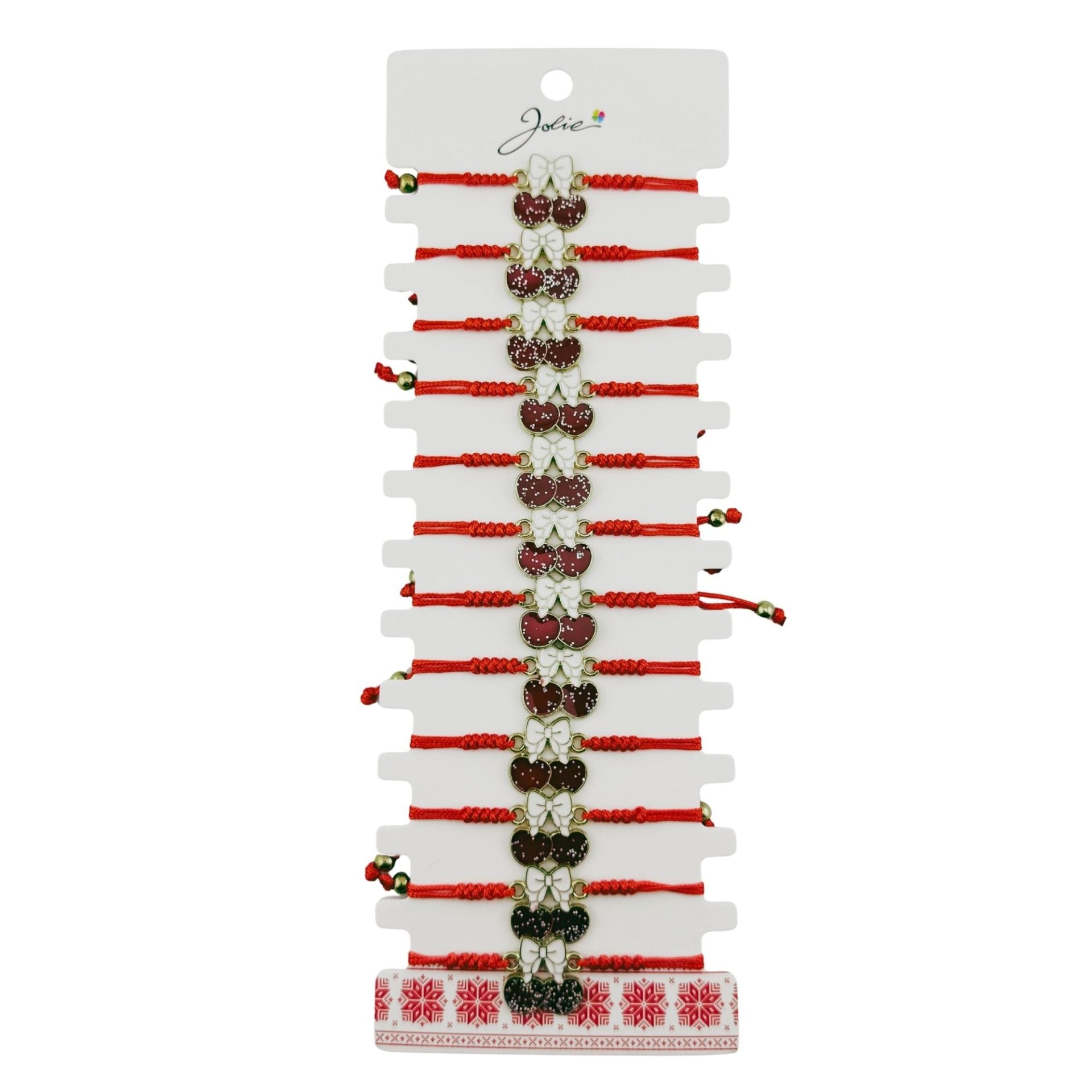 Martisor Bratara pentru Dama si Copii, Model Cirese cu Fundita si Sclipici, Set 12 bucati, Pandantiv Emailat, Snur Reglabil, Rosu/Alb