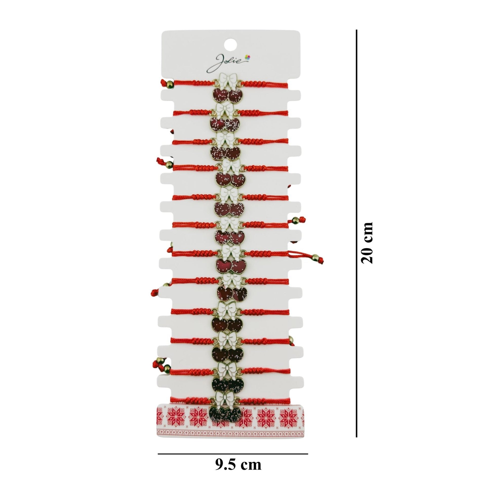 Martisor Bratara pentru Dama si Copii, Model Cirese cu Fundita si Sclipici, Set 12 bucati, Pandantiv Emailat, Snur Reglabil, Rosu/Alb
