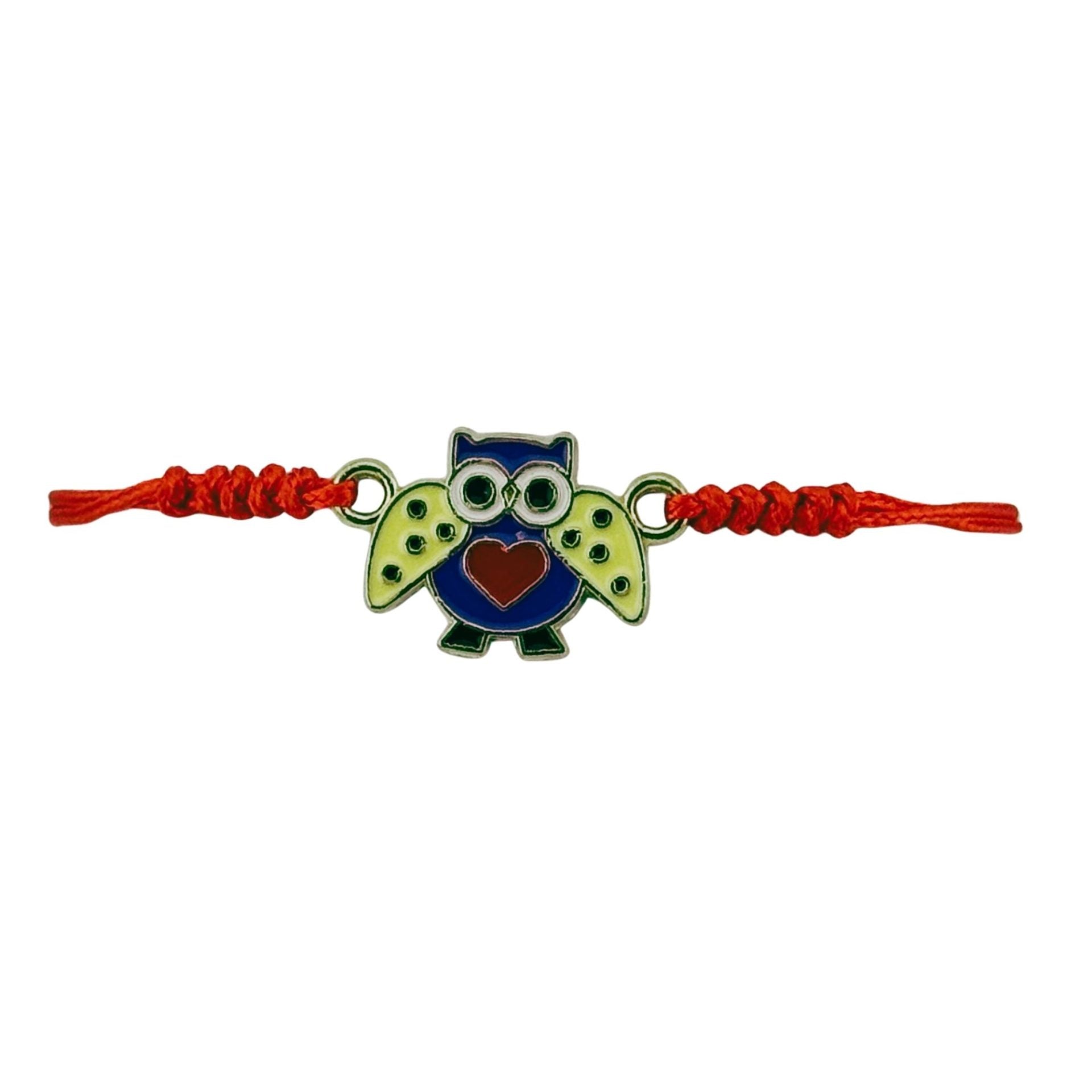 Martisor Bratara pentru Dama si Copii, Model Bufnita Inteleapta cu Inimioara, Set 12 bucati, Pandantiv Emailat, Snur Reglabil, Rosu/Multicolor