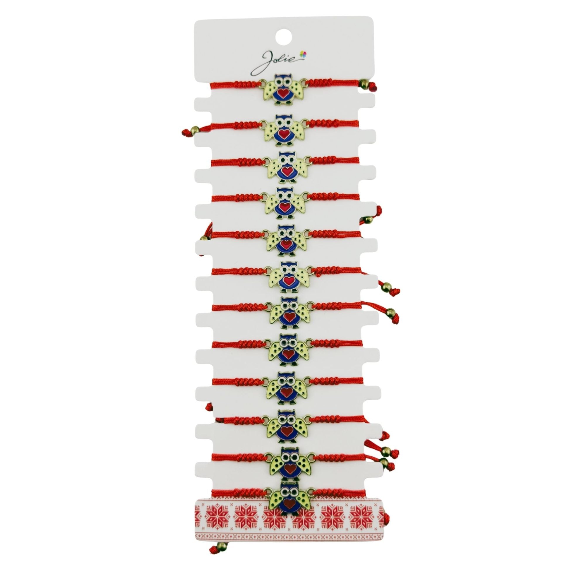 Martisor Bratara pentru Dama si Copii, Model Bufnita Inteleapta cu Inimioara, Set 12 bucati, Pandantiv Emailat, Snur Reglabil, Rosu/Multicolor