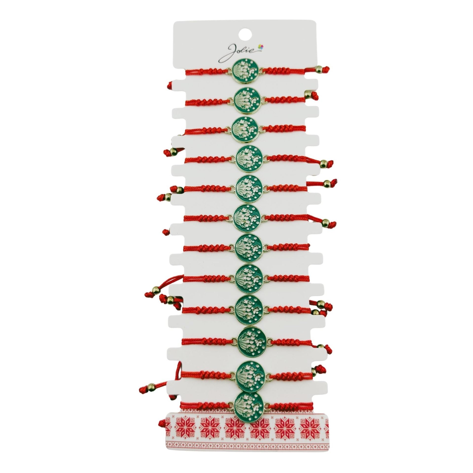 Martisor Bratara pentru Dama si Copii, Model Lacramioare de Primavara, Set 12 bucati, Pandantiv Emailat Rotund, Snur Reglabil, Rosu/Verde