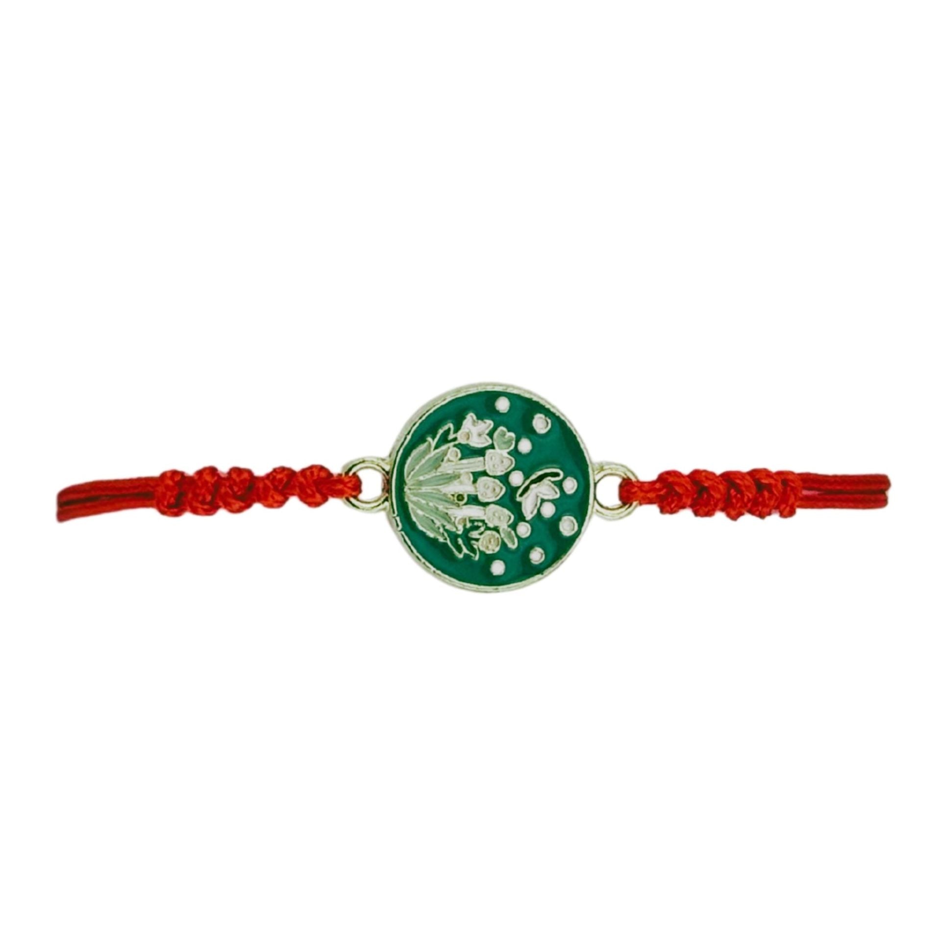 Martisor Bratara pentru Dama si Copii, Model Lacramioare de Primavara, Set 12 bucati, Pandantiv Emailat Rotund, Snur Reglabil, Rosu/Verde