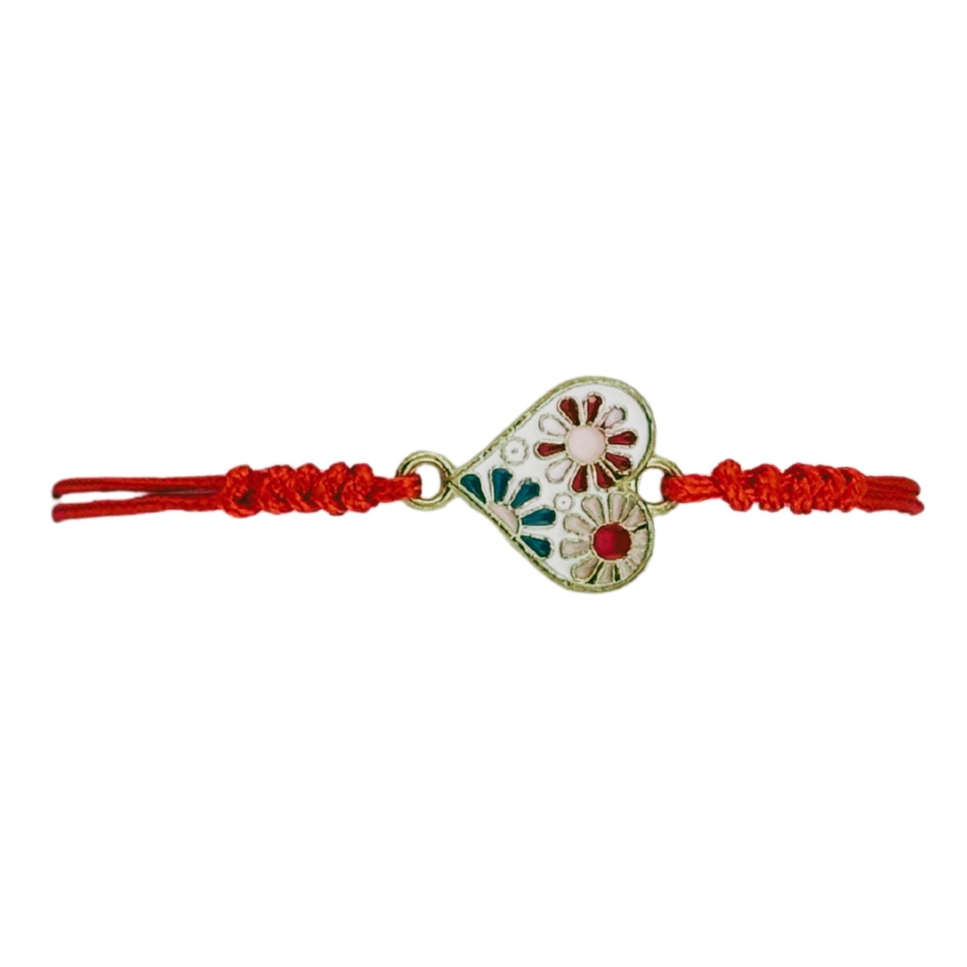 Martisor Bratara pentru Dama si Copii, Model Inima cu Flori de Primavara, Set 12 bucati, Pandantiv Emailat, Snur Reglabil, Rosu/Multicolor