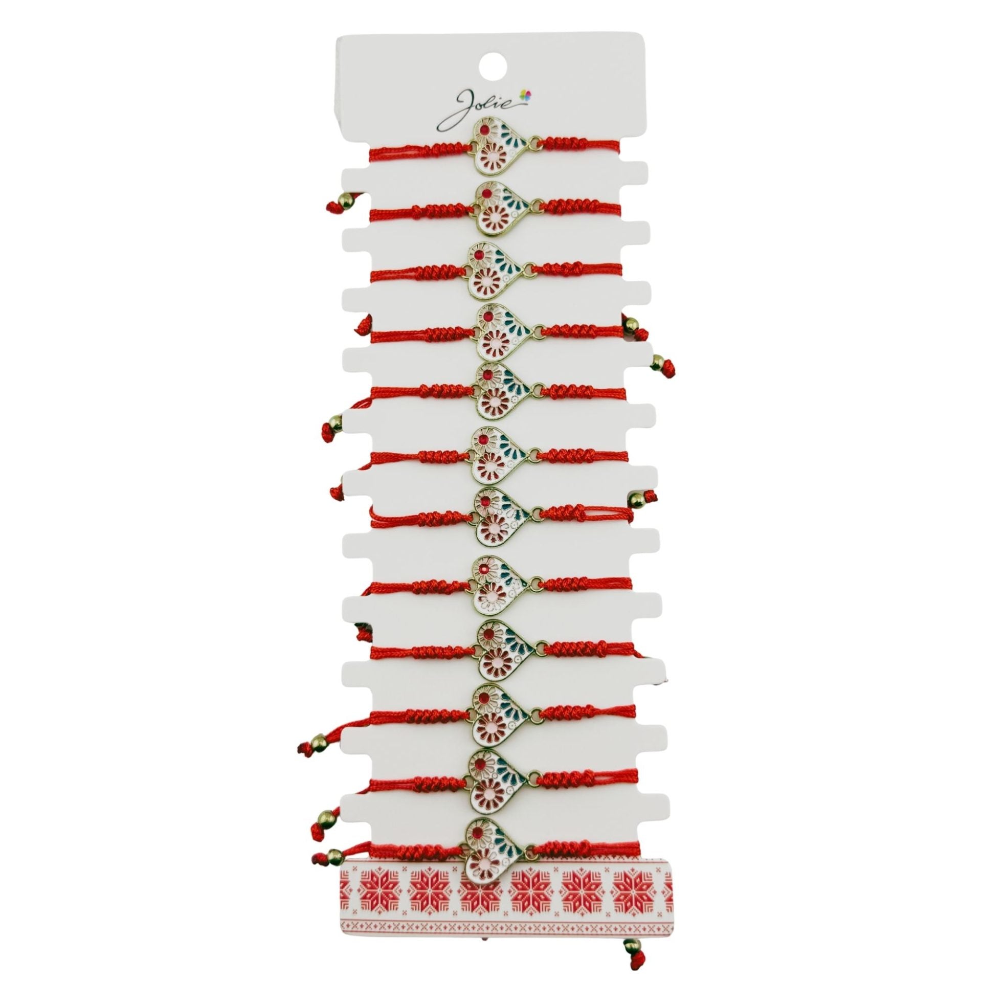 Martisor Bratara pentru Dama si Copii, Model Inima cu Flori de Primavara, Set 12 bucati, Pandantiv Emailat, Snur Reglabil, Rosu/Multicolor