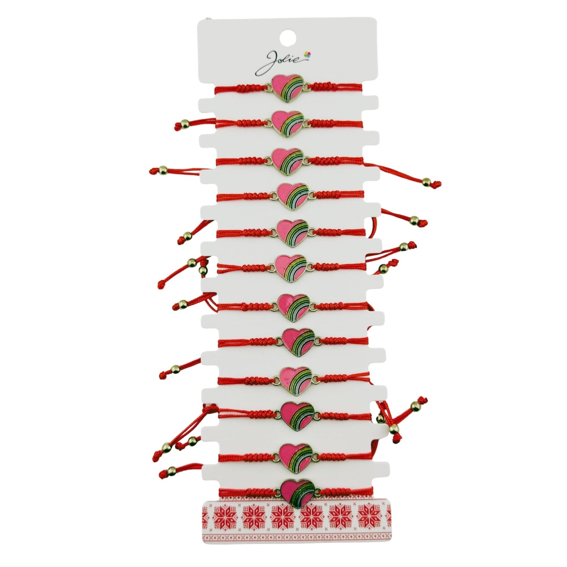 Martisor Bratara pentru Dama si Copii, Model Inima cu Curcubeu Roz, Set 12 bucati, Pandantiv Emailat, Snur Reglabil, Rosu