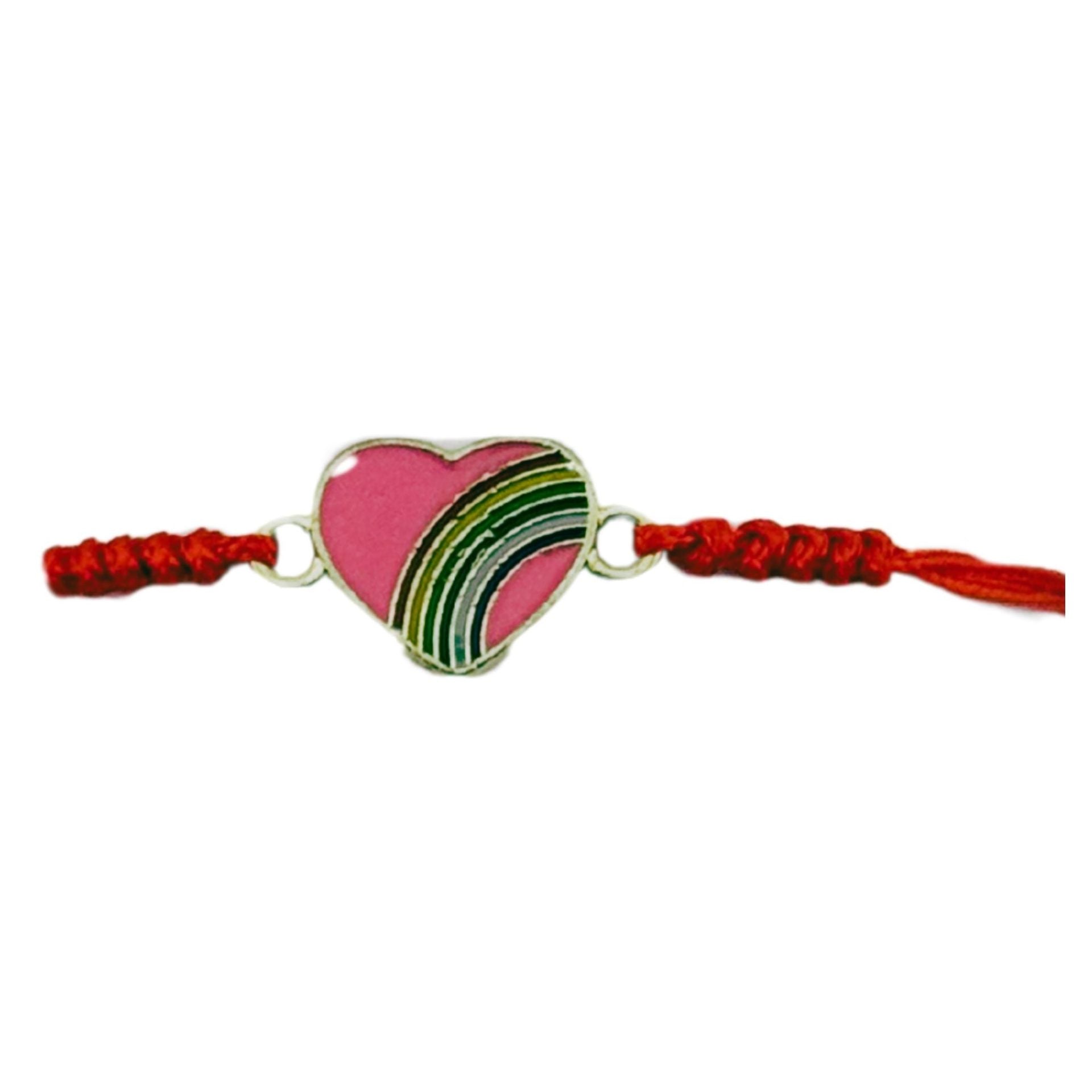 Martisor Bratara pentru Dama si Copii, Model Inima cu Curcubeu Roz, Set 12 bucati, Pandantiv Emailat, Snur Reglabil, Rosu
