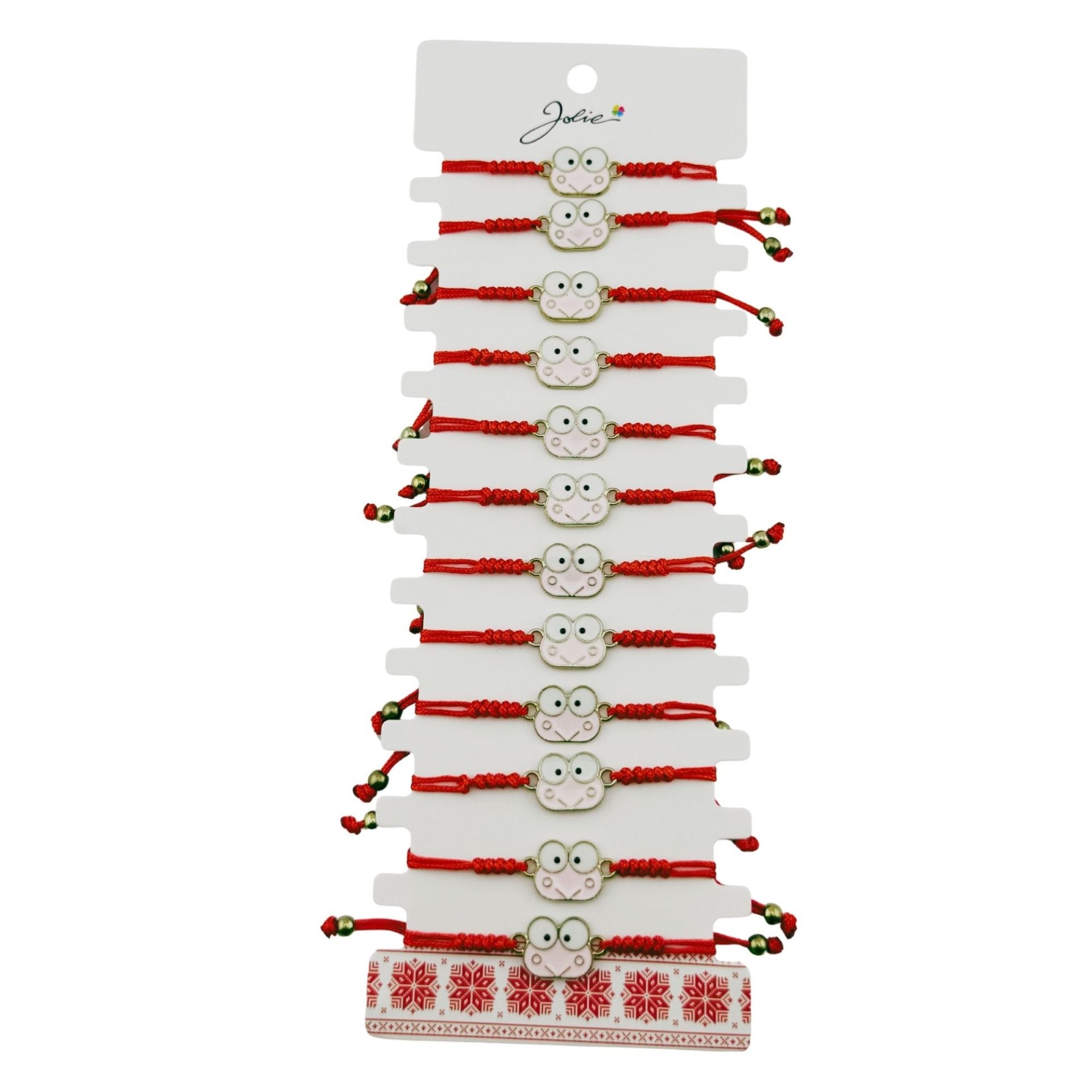 Martisor Bratara pentru Dama si Copii, Model Broscuta Vesela, Set 12 bucati, Pandantiv Emailat, Snur Reglabil, Rosu/Roz