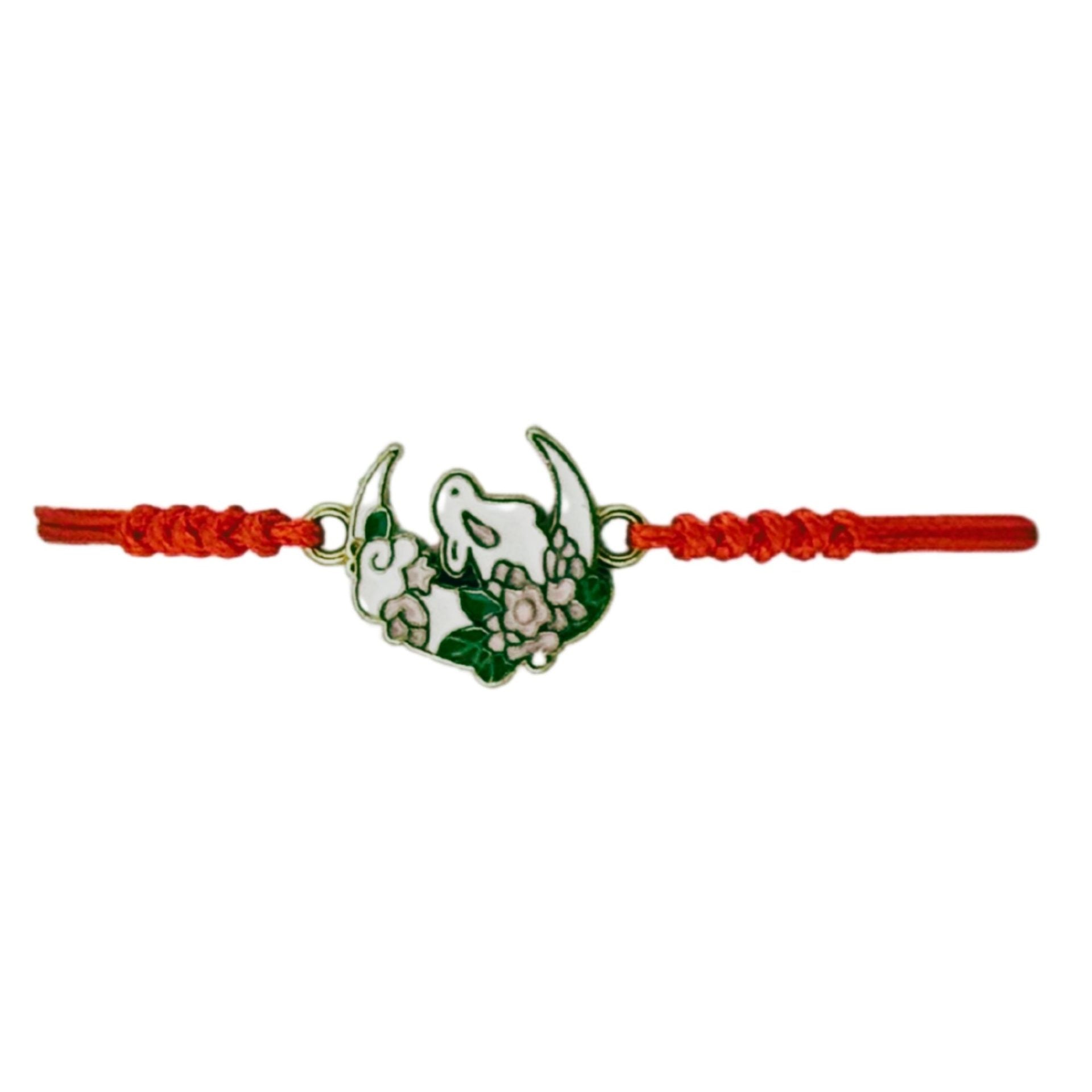Martisor Bratara pentru Dama si Copii, Model Iepuras pe Semiluna cu Flori, Set 12 bucati, Pandantiv Emailat, Snur Reglabil, Rosu/Multicolor