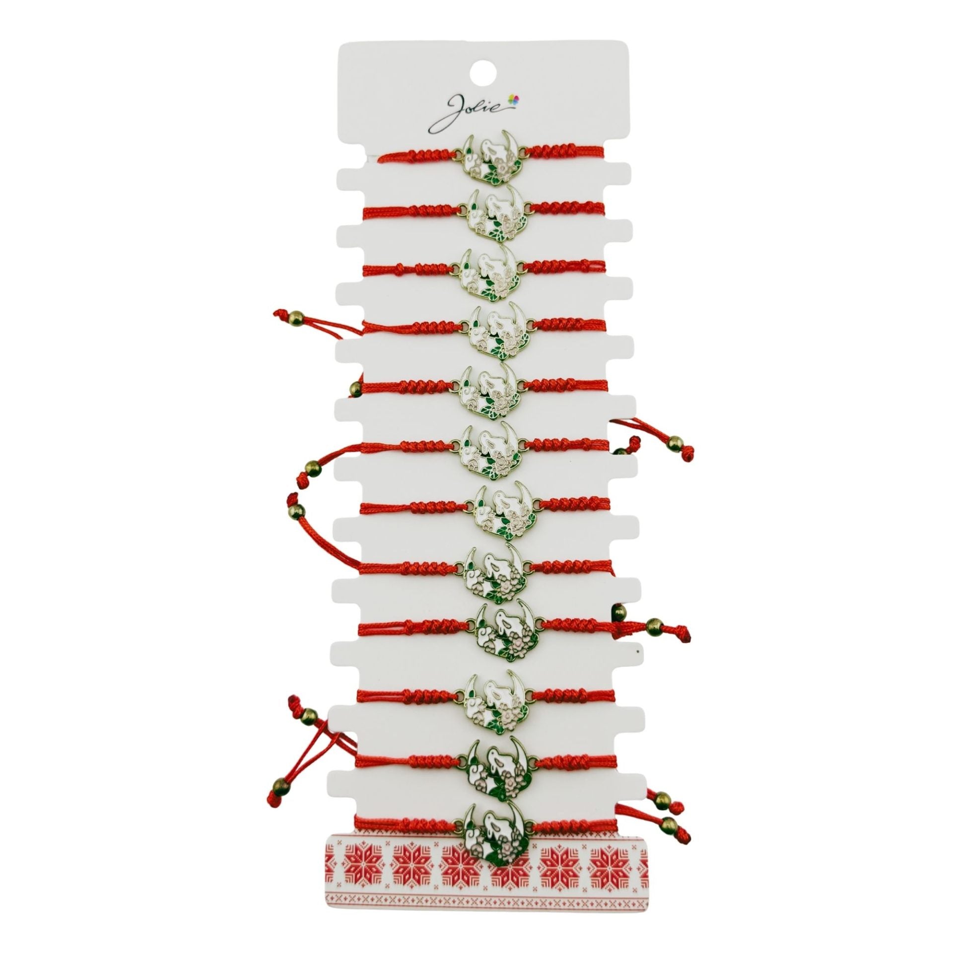 Martisor Bratara pentru Dama si Copii, Model Iepuras pe Semiluna cu Flori, Set 12 bucati, Pandantiv Emailat, Snur Reglabil, Rosu/Multicolor